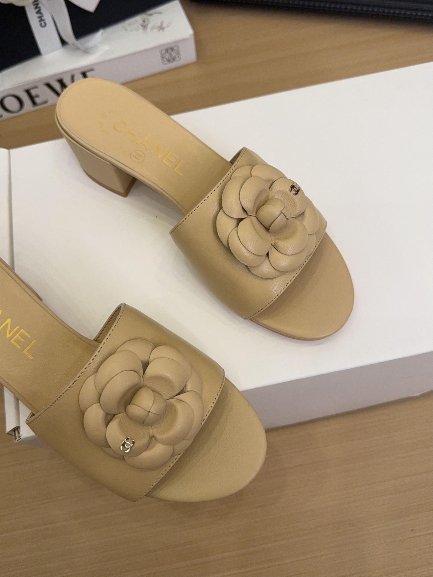 Elegant Women's Mules with Camellia Flower, Beige Leather, Low Block Heel 9 i1744199659 5634 0