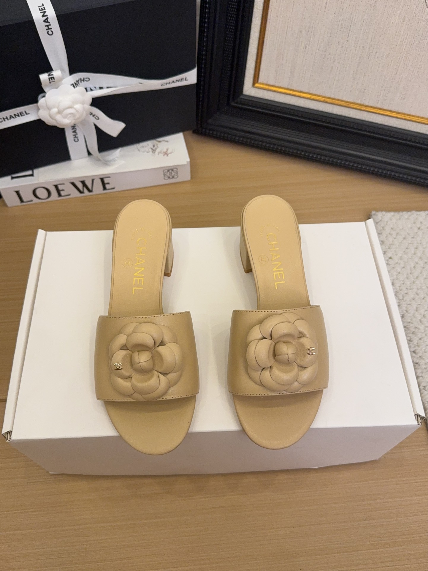 Elegant Women's Mules with Camellia Flower, Beige Leather, Low Block Heel 3 i1744199660 2334 6