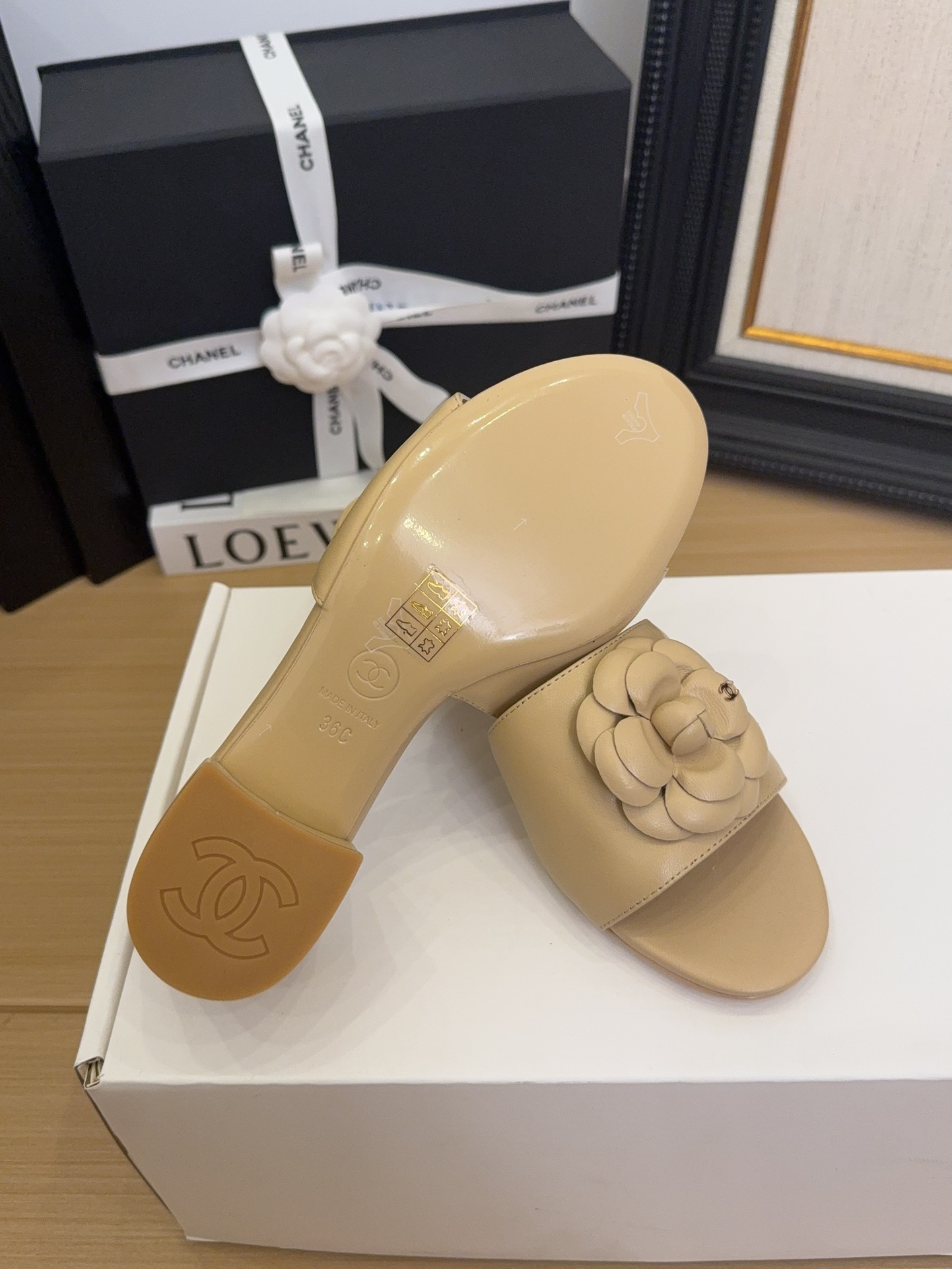 Elegant Women's Mules with Camellia Flower, Beige Leather, Low Block Heel 10 i1744199660 2939 8