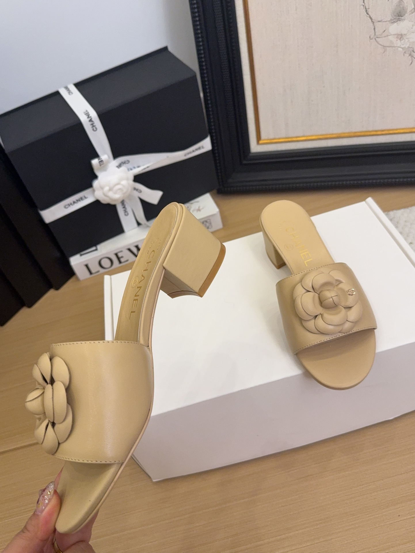 Elegant Women's Mules with Camellia Flower, Beige Leather, Low Block Heel 8 i1744199660 4405 2