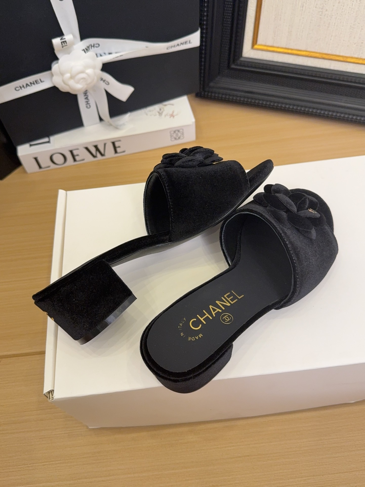 Elegant Chanel Women's Black Velvet Flower Block Heel Sandals 1 Elegant Chanel Women's Black Velvet Flower Block Heel Sandals