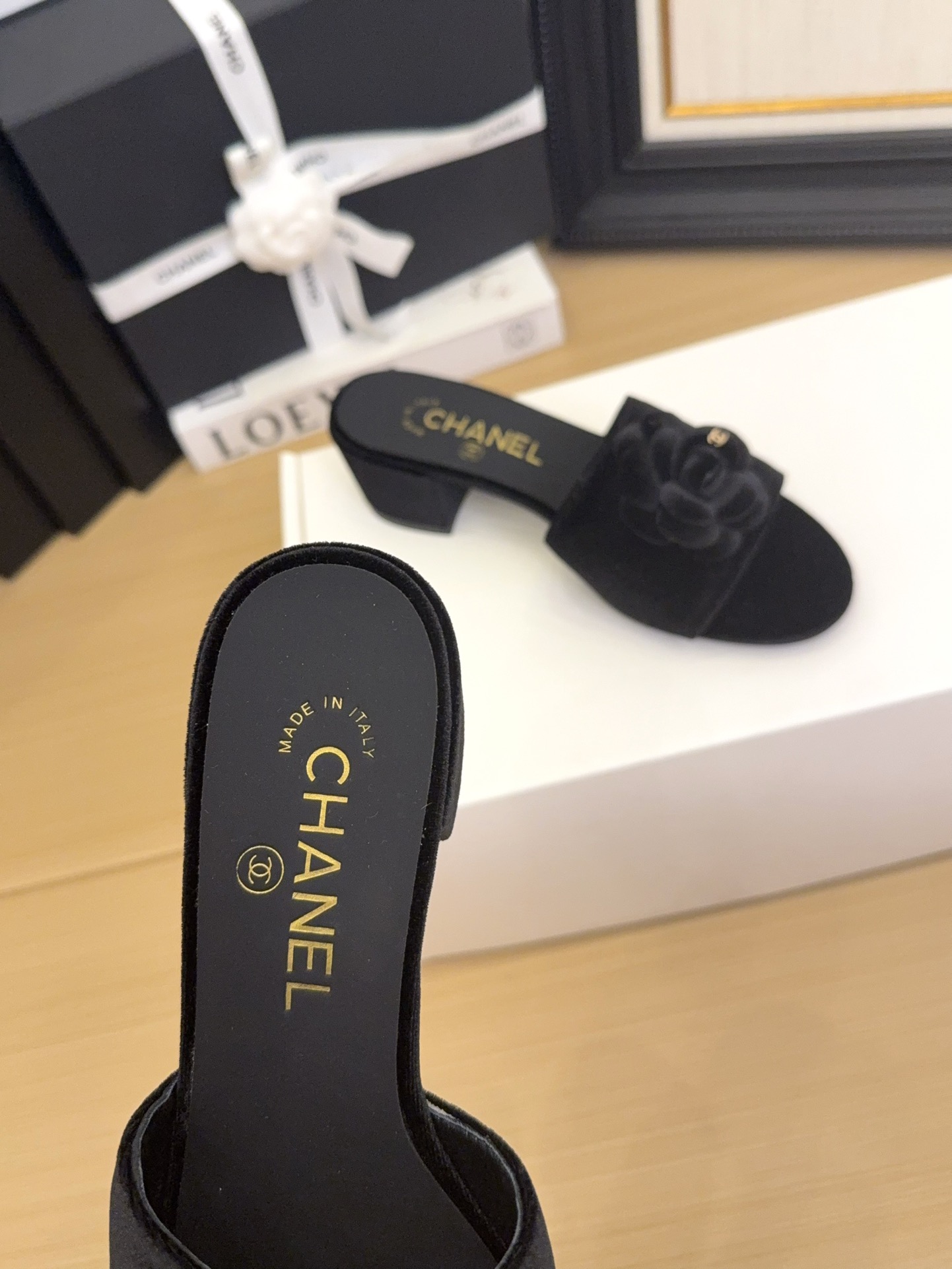 Elegant Chanel Women's Black Velvet Flower Block Heel Sandals 6 i1744199735 4226 1