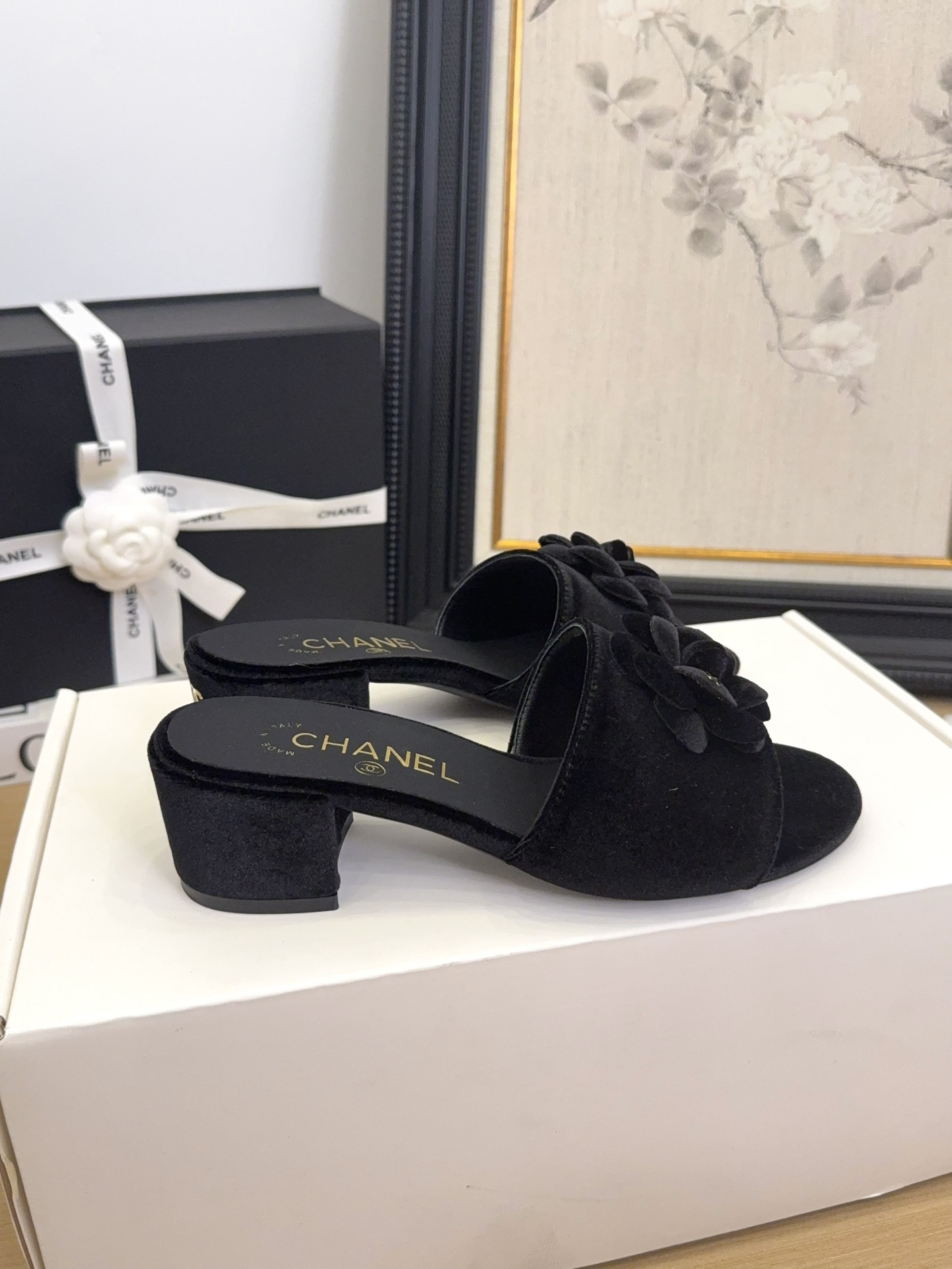 Elegant Chanel Women's Black Velvet Flower Block Heel Sandals 8 i1744199735 5177 2