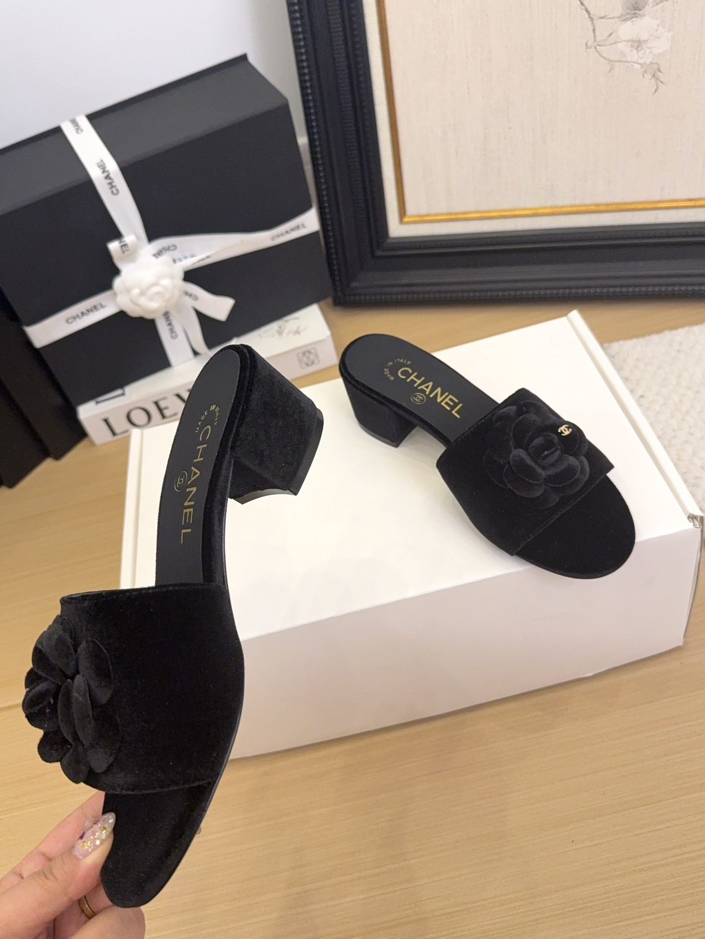 Elegant Chanel Women's Black Velvet Flower Block Heel Sandals 7 i1744199736 1554 7
