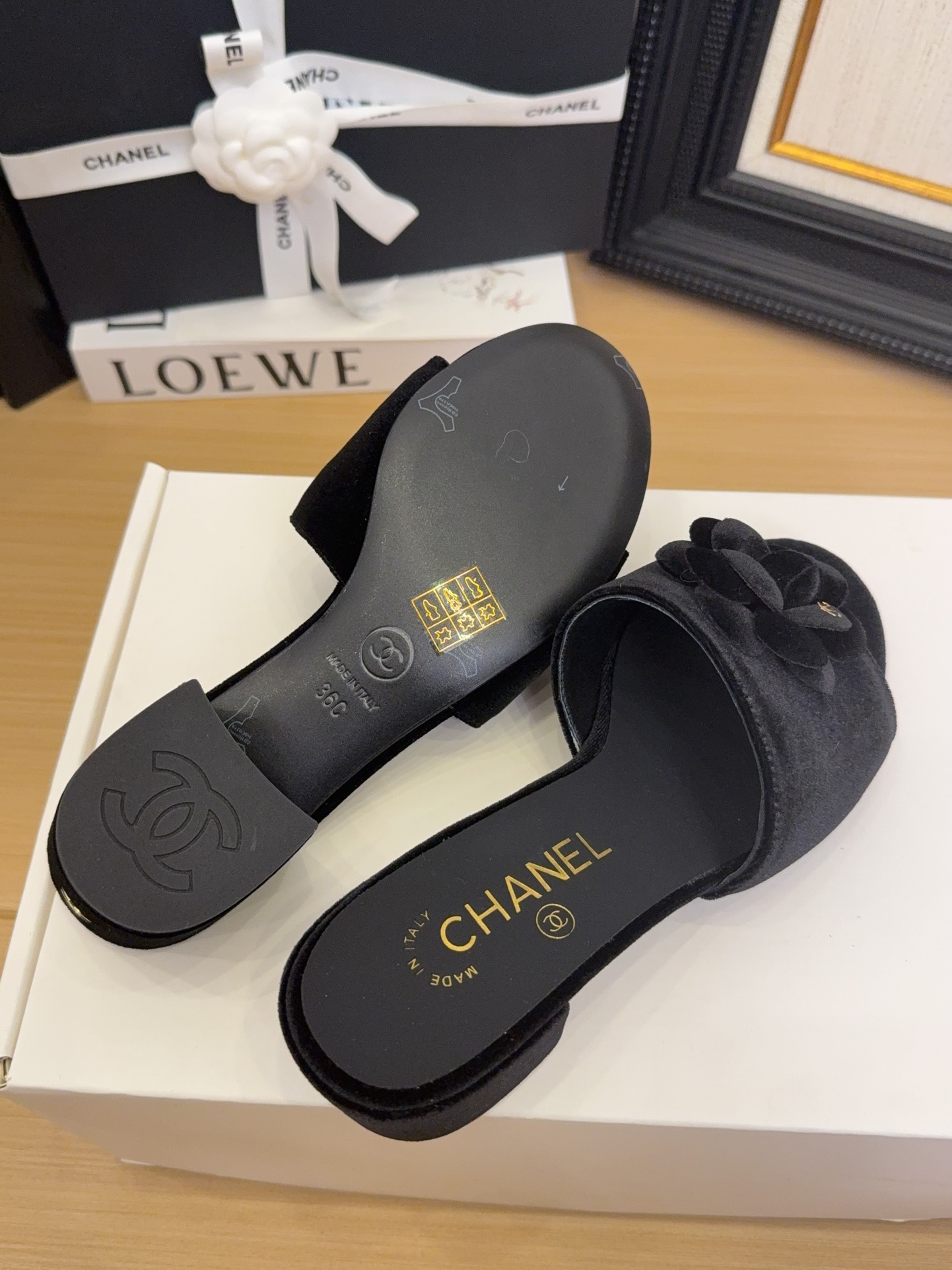 Elegant Chanel Women's Black Velvet Flower Block Heel Sandals 10 i1744199736 3519 8