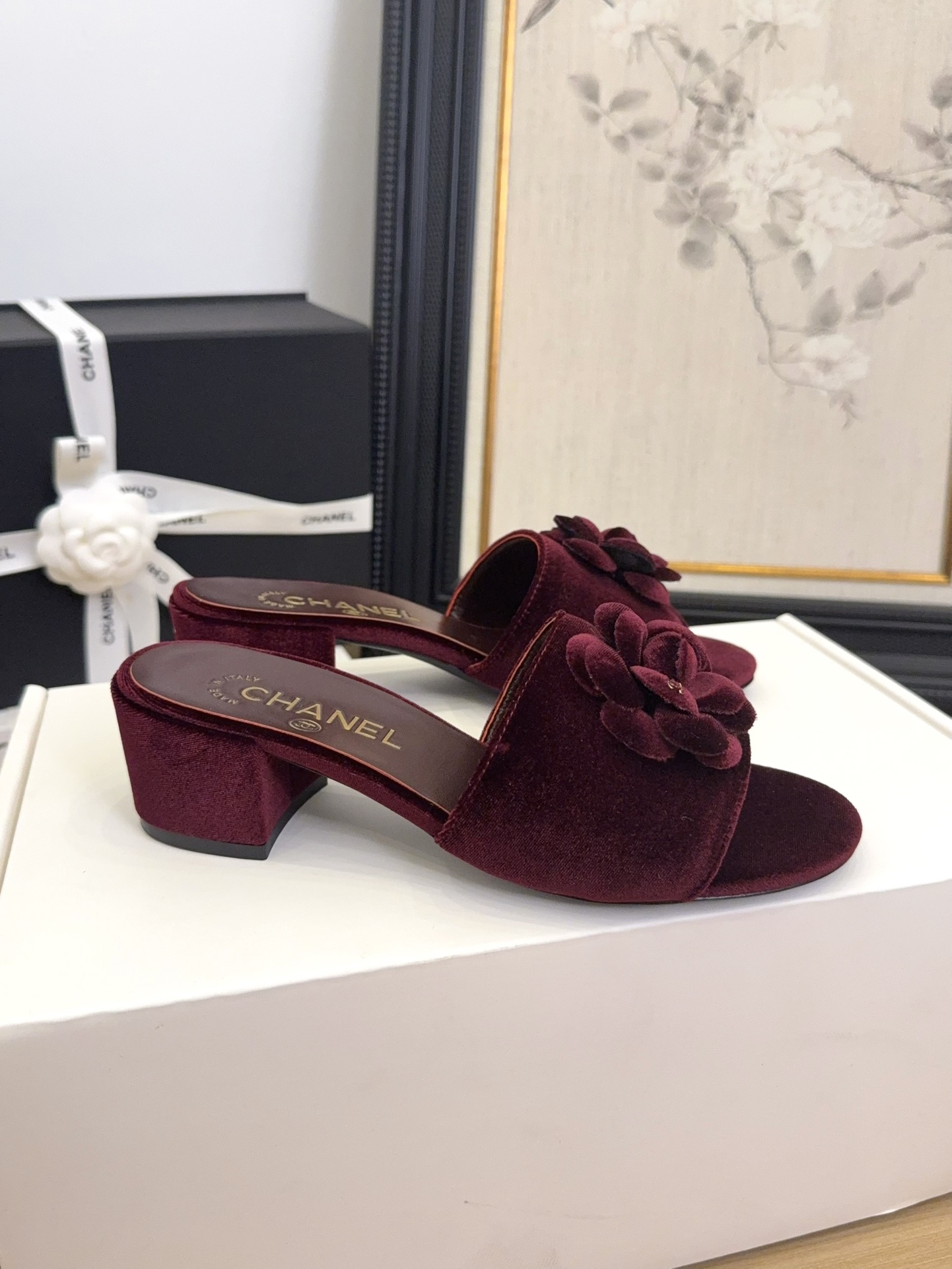 ππ*πππ25 Women's Velvet Platform Flower Heeled Sandals Slides,Burgundy,Size 35-39 4 i1744199751 6743 1