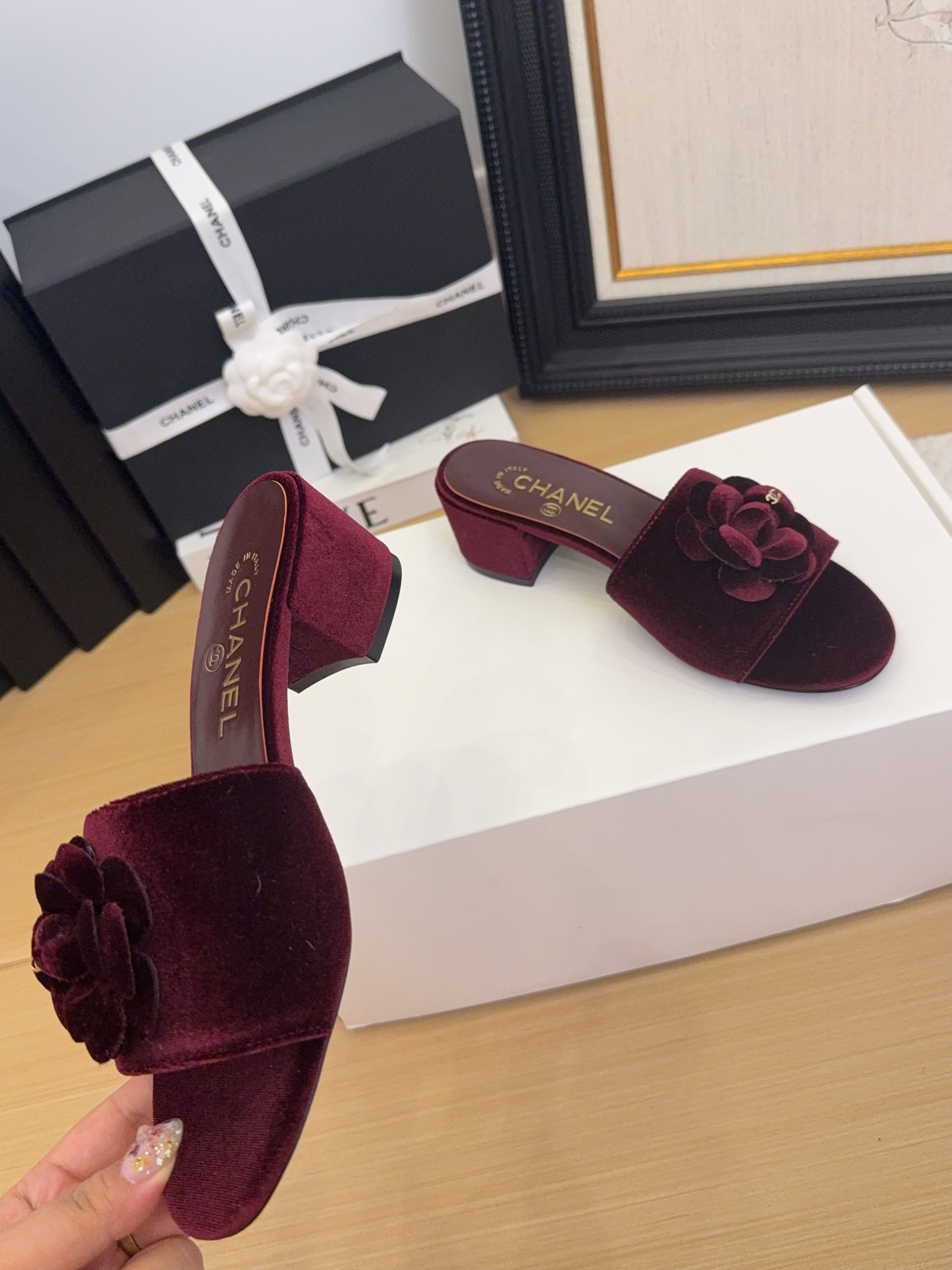 ππ*πππ25 Women's Velvet Platform Flower Heeled Sandals Slides,Burgundy,Size 35-39 6 i1744199751 9320 2