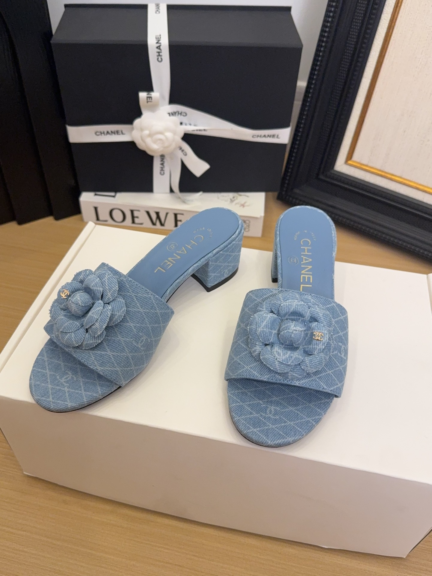 Elegant Chanel Denim Heeled Sandals with Camellia Flower – Sizes 35-39 1 Elegant Chanel Denim Heeled Sandals with Camellia Flower – Sizes 35-39