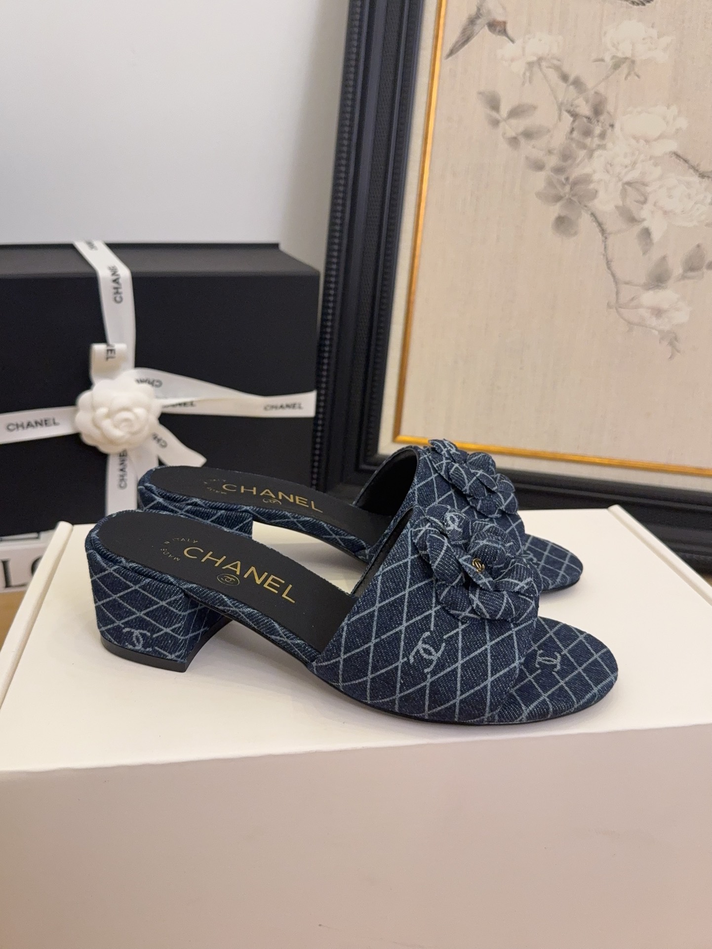 Chanel Women's Denim Heeled Sandals with Camellia, Blue, Size 35-39 7 i1744199832 2789 3