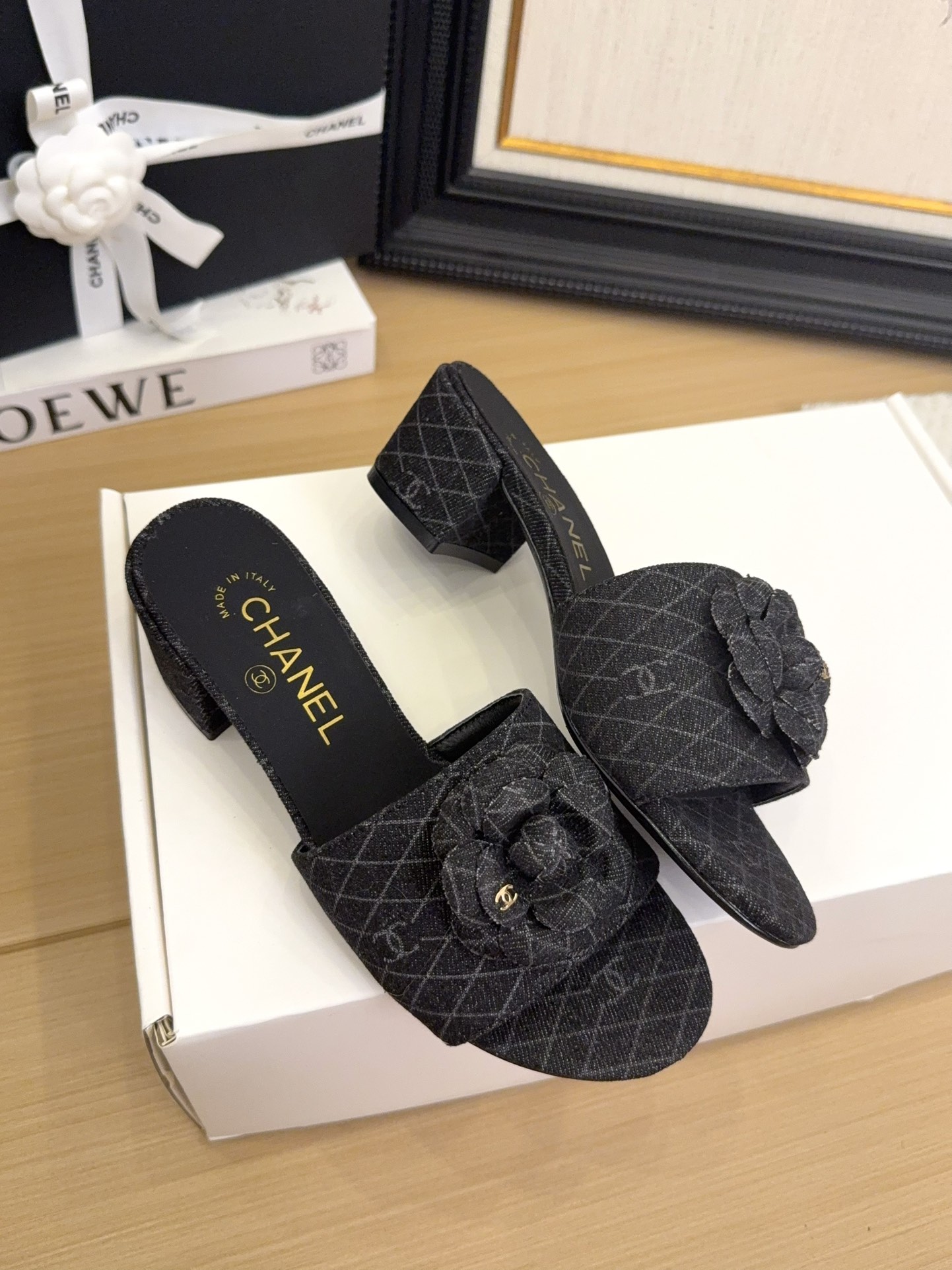Chanel 25 Women's Denim Mules with Camellia Accent - Stylish & Comfortable 1 Chanel 25 Women's Denim Mules with Camellia Accent - Stylish & Comfortable