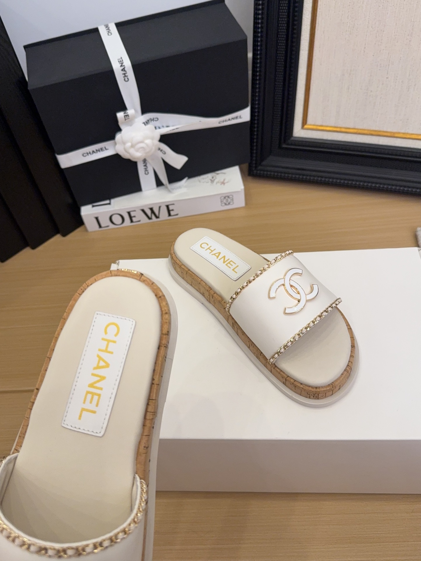 Elegant Chanel Women's White Leather Slides with CC Logo & Chain Detail 5 i1744209384 7375 8