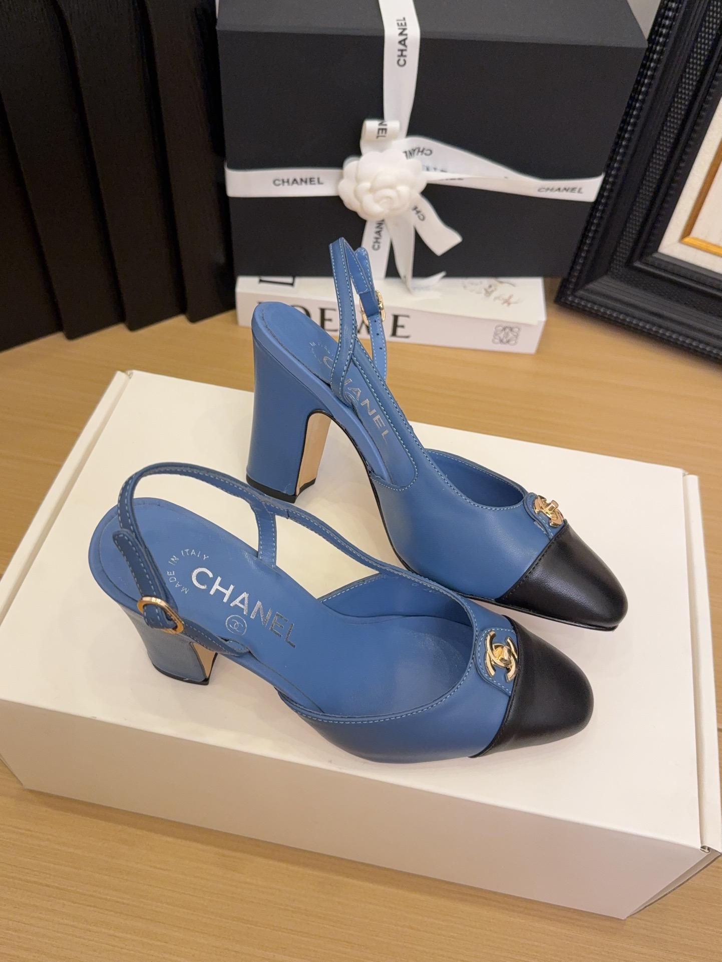 Chanel Women's Blue & Black Leather Slingback Heel, Iconic CC Logo, Size 35-39 9 i1744376185 3118 1