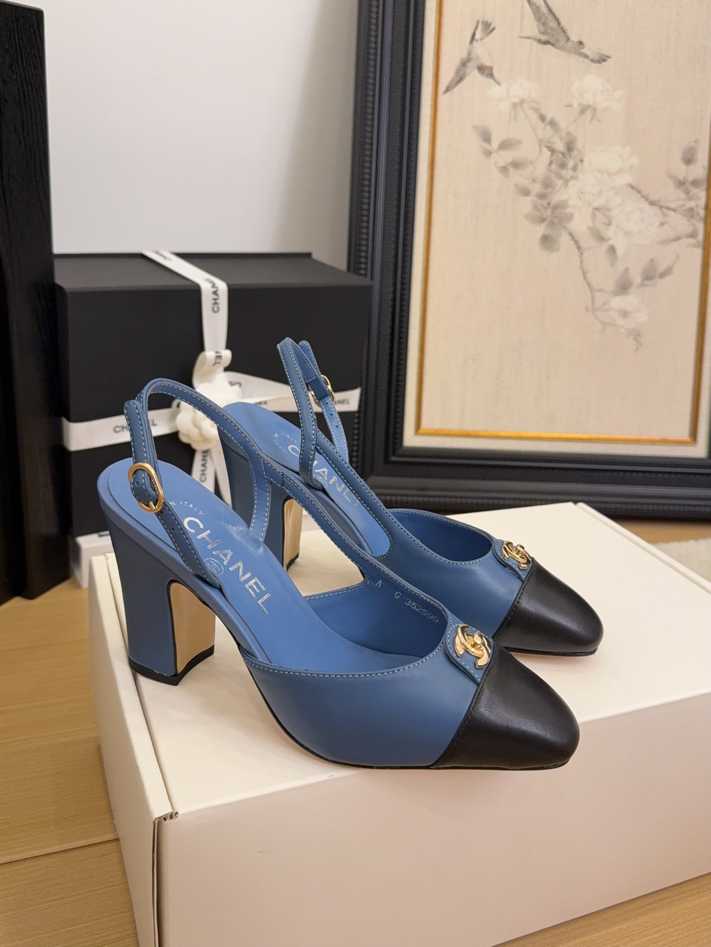 Chanel Women's Blue & Black Leather Slingback Heel, Iconic CC Logo, Size 35-39 2 i1744376185 5173 5