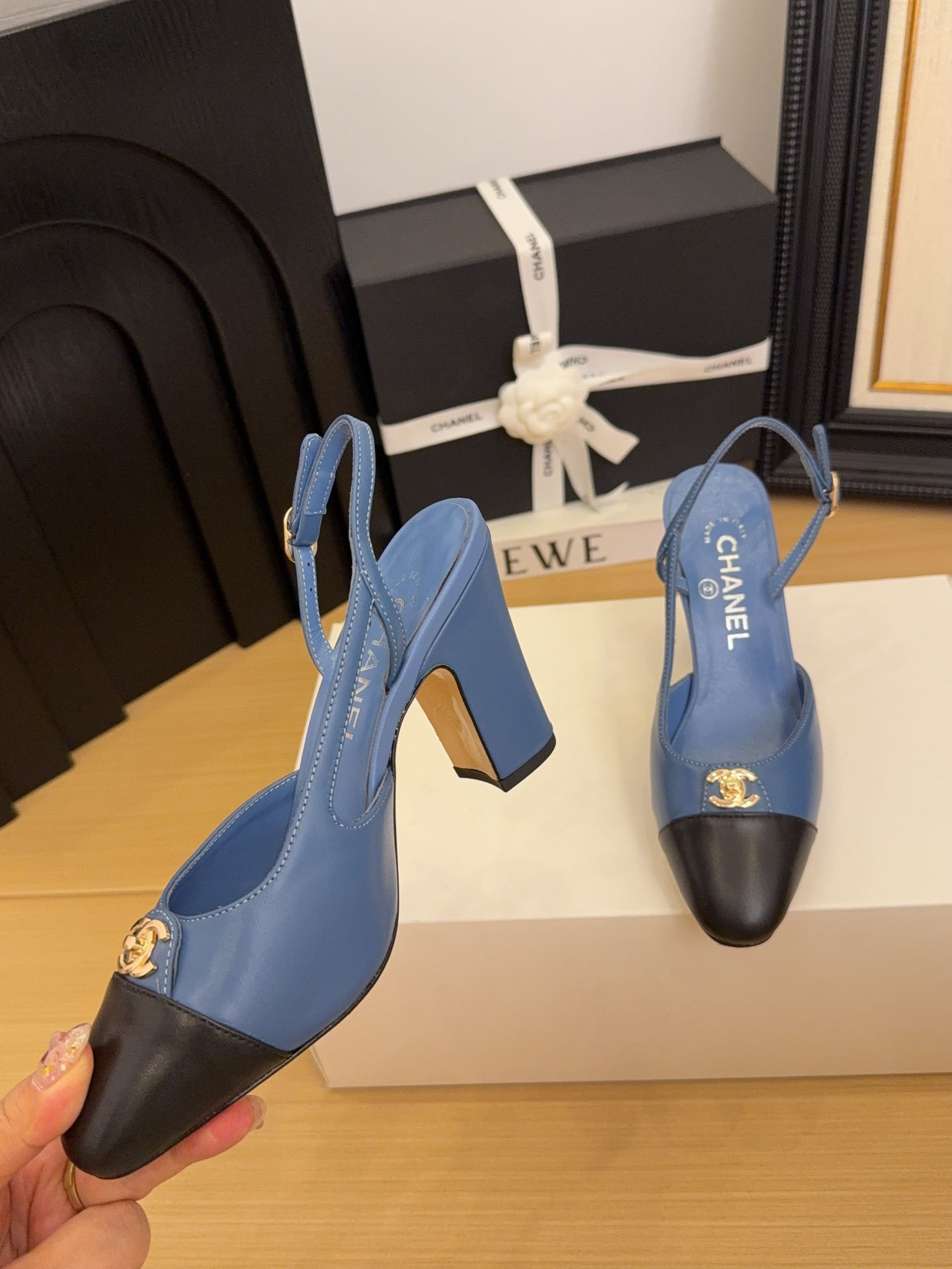 Chanel Women's Blue & Black Leather Slingback Heel, Iconic CC Logo, Size 35-39 6 i1744376185 562 3