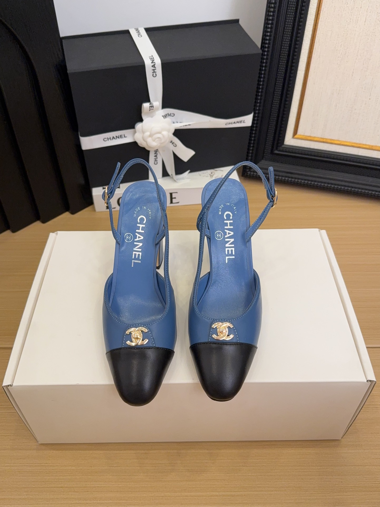 Chanel Women's Blue & Black Leather Slingback Heel, Iconic CC Logo, Size 35-39 3 i1744376185 5961 8