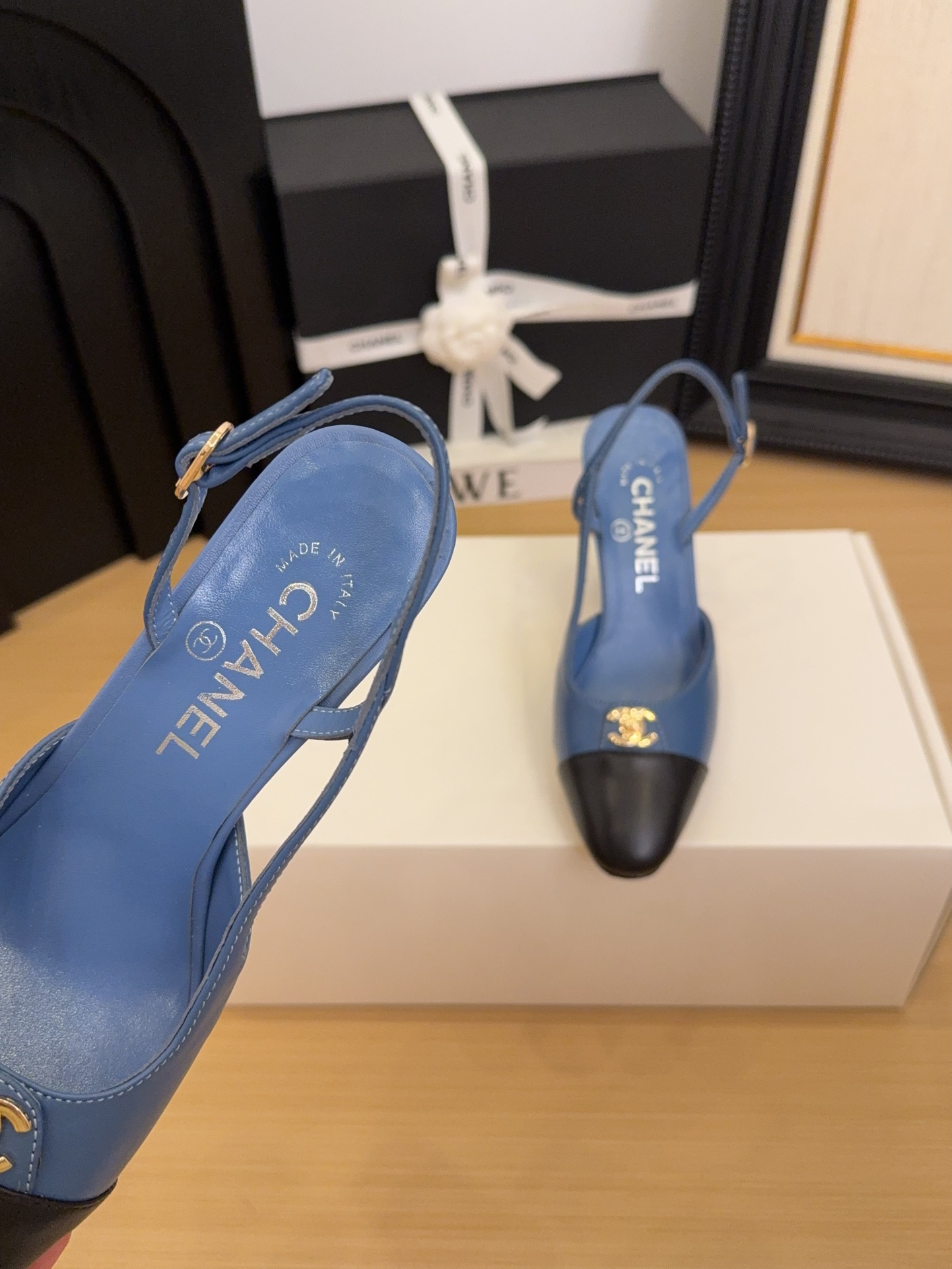 Chanel Women's Blue & Black Leather Slingback Heel, Iconic CC Logo, Size 35-39 5 i1744376185 7666 0