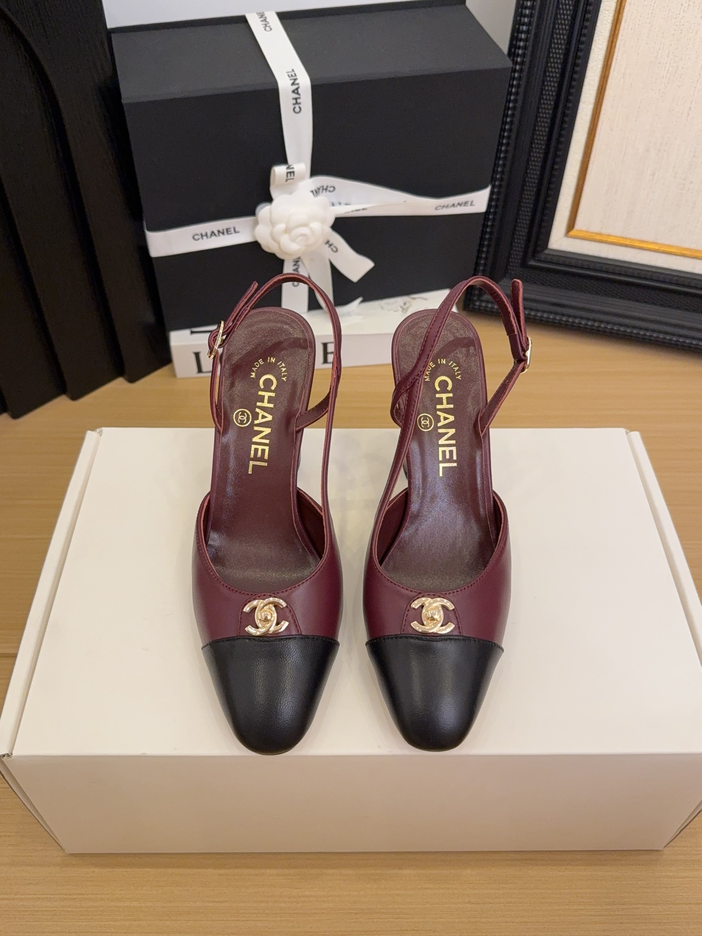 Elegant Slingback Heels by Chanel - Burgundy & Black Leather Shoes 3 i1744376228 1589 3