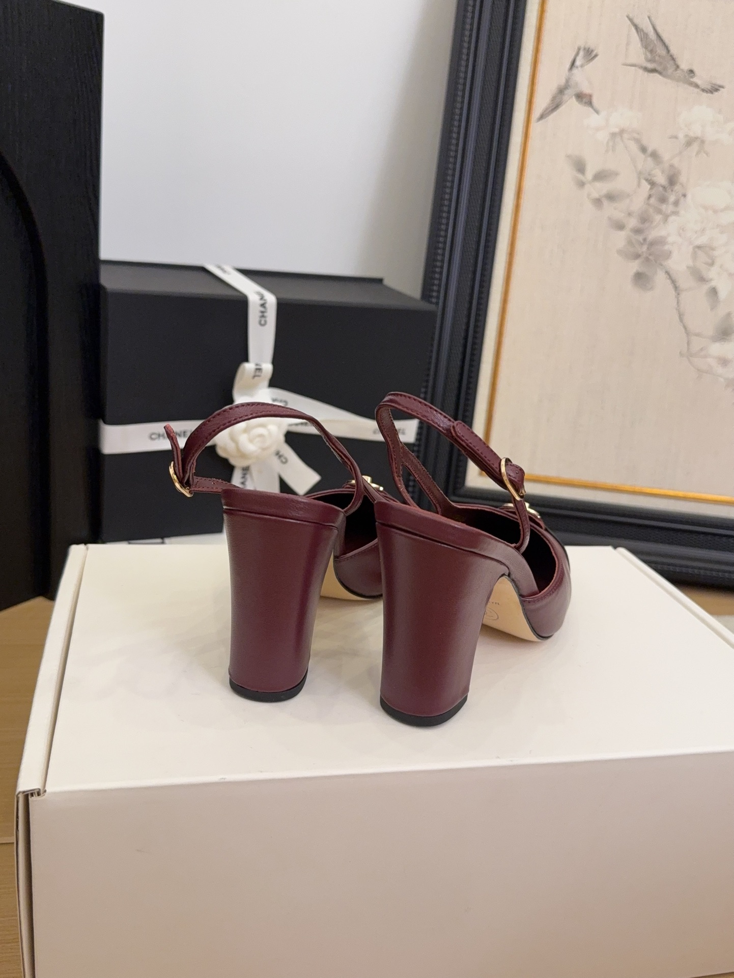 Elegant Slingback Heels by Chanel - Burgundy & Black Leather Shoes 8 i1744376228 2144 2