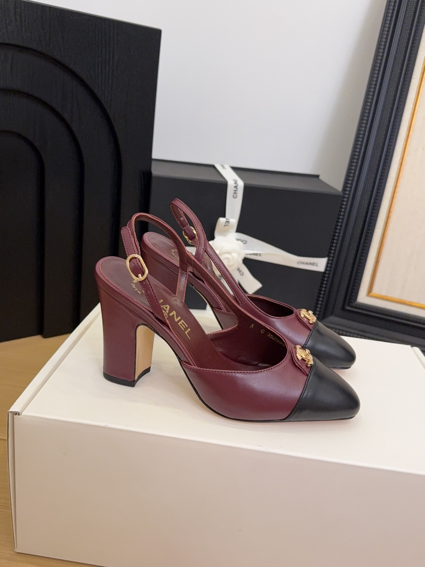 Elegant Slingback Heels by Chanel - Burgundy & Black Leather Shoes 1 Elegant Slingback Heels by Chanel - Burgundy & Black Leather Shoes