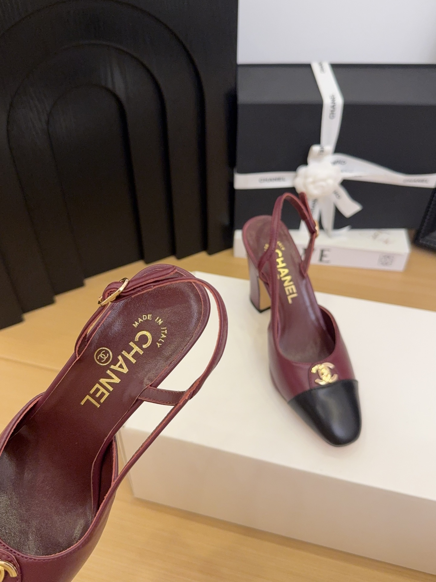 Elegant Slingback Heels by Chanel - Burgundy & Black Leather Shoes 6 i1744376228 5896 4