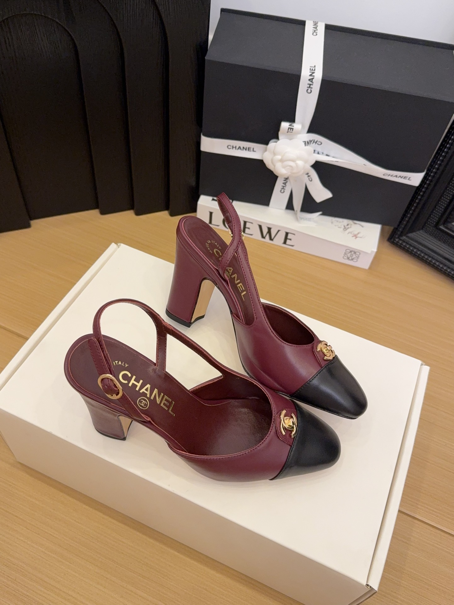 Elegant Slingback Heels by Chanel - Burgundy & Black Leather Shoes 9 i1744376228 788 7