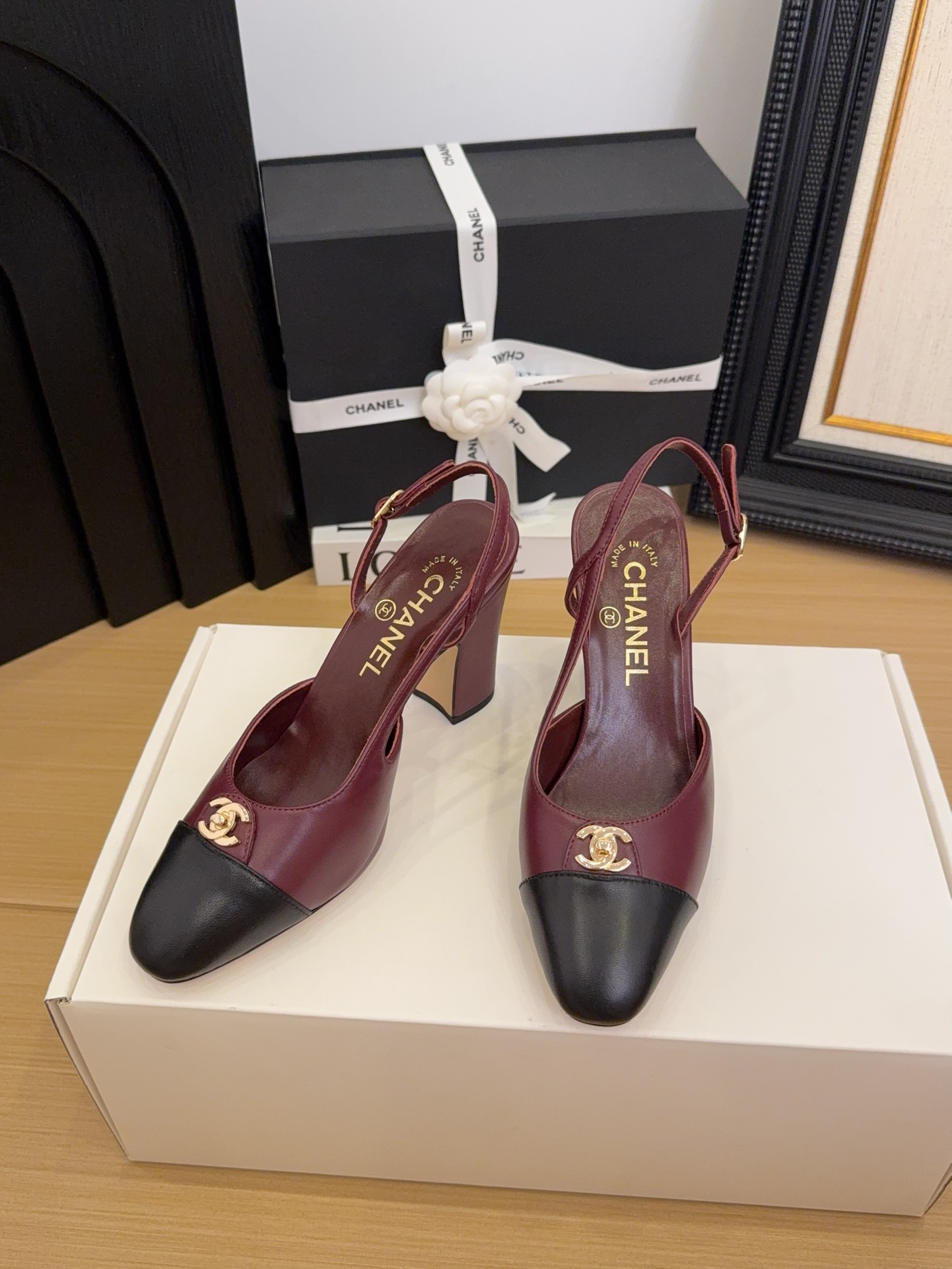 Elegant Slingback Heels by Chanel - Burgundy & Black Leather Shoes 4 i1744376228 8553 1