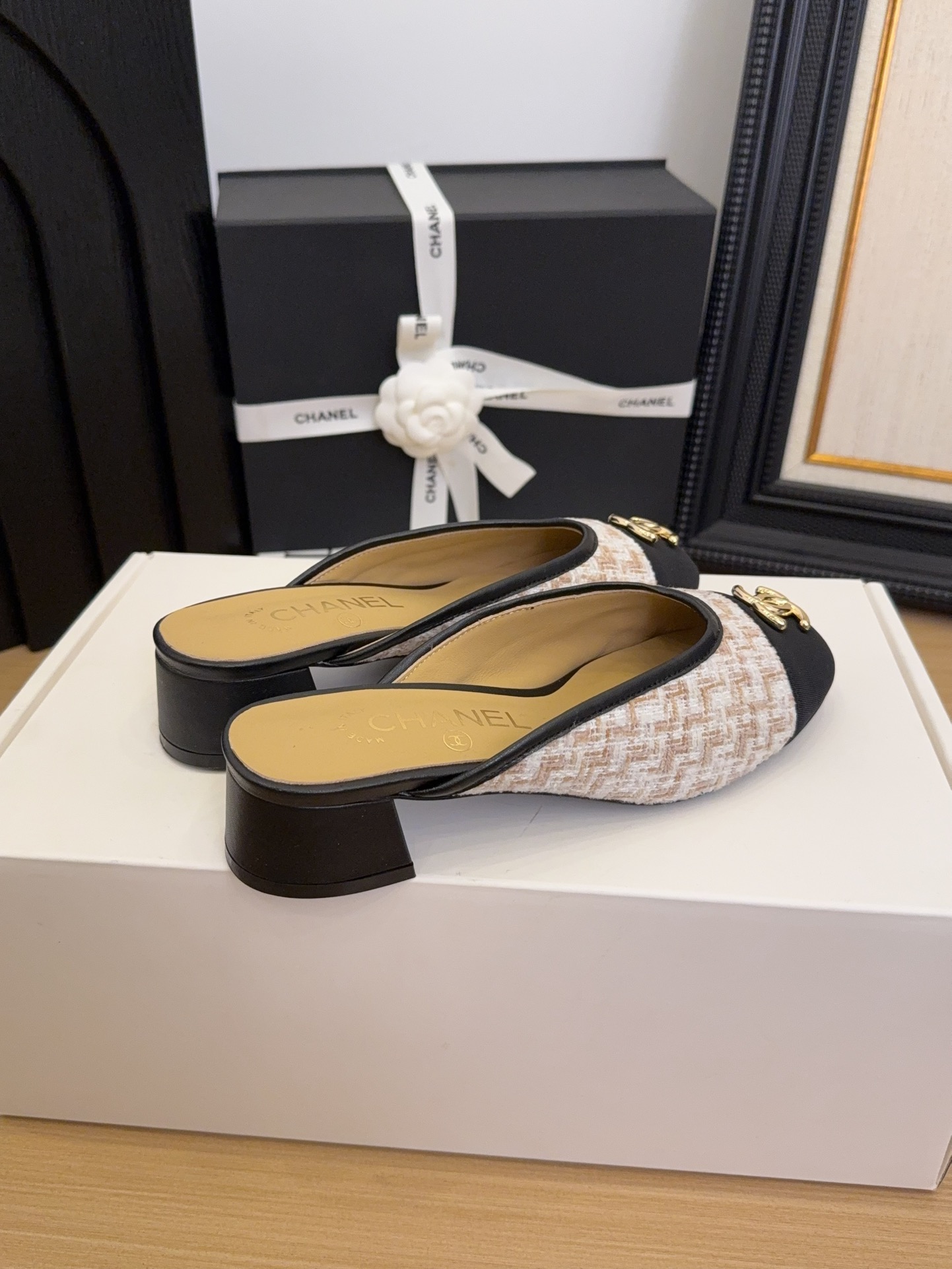 Chanel Women's 25 Tweed Block Heel Mules, Beige/Black, Size 35-39 7 i1744509737 297 4