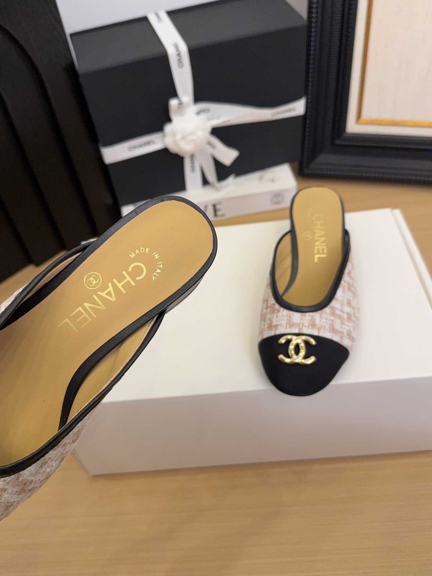 Chanel Women's 25 Tweed Block Heel Mules, Beige/Black, Size 35-39 5 i1744509737 3117 3