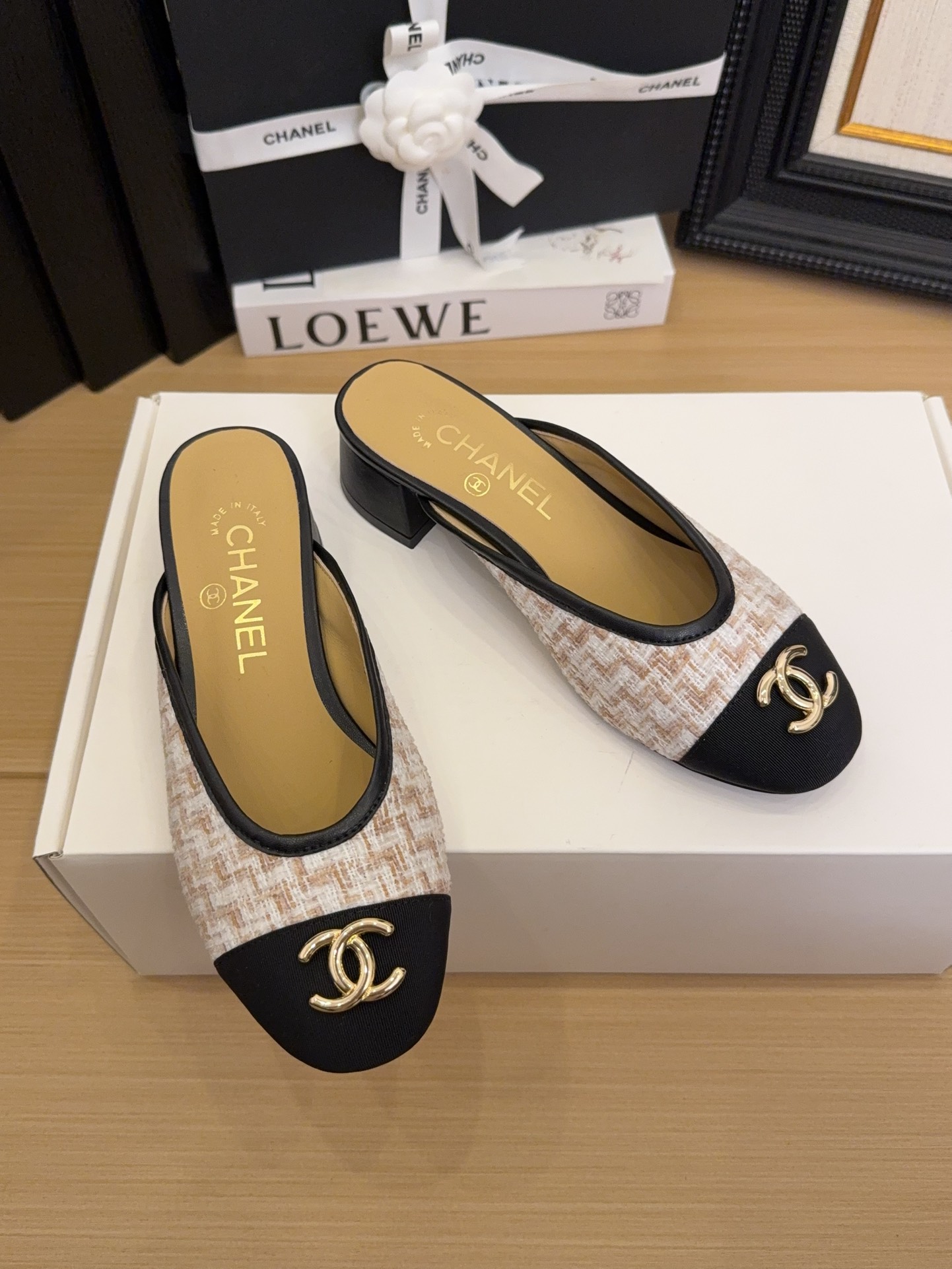 Chanel Women's 25 Tweed Block Heel Mules, Beige/Black, Size 35-39 4 i1744509737 4212 8