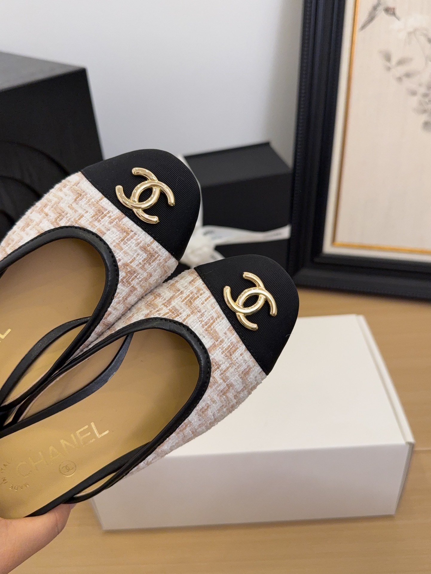 Chanel Women's 25 Tweed Block Heel Mules, Beige/Black, Size 35-39 6 i1744509737 4689 5