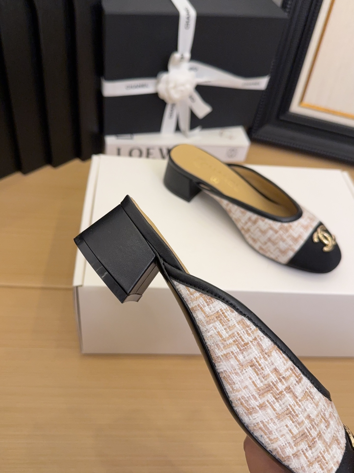 Chanel Women's 25 Tweed Block Heel Mules, Beige/Black, Size 35-39 10 i1744509737 658 7