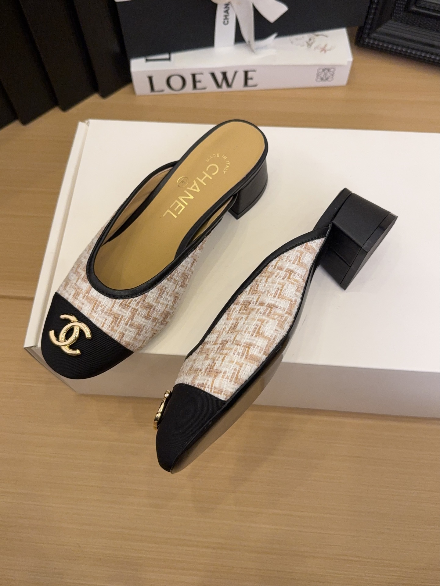 Chanel Women's 25 Tweed Block Heel Mules, Beige/Black, Size 35-39 1 Chanel Women's 25 Tweed Block Heel Mules, Beige/Black, Size 35-39