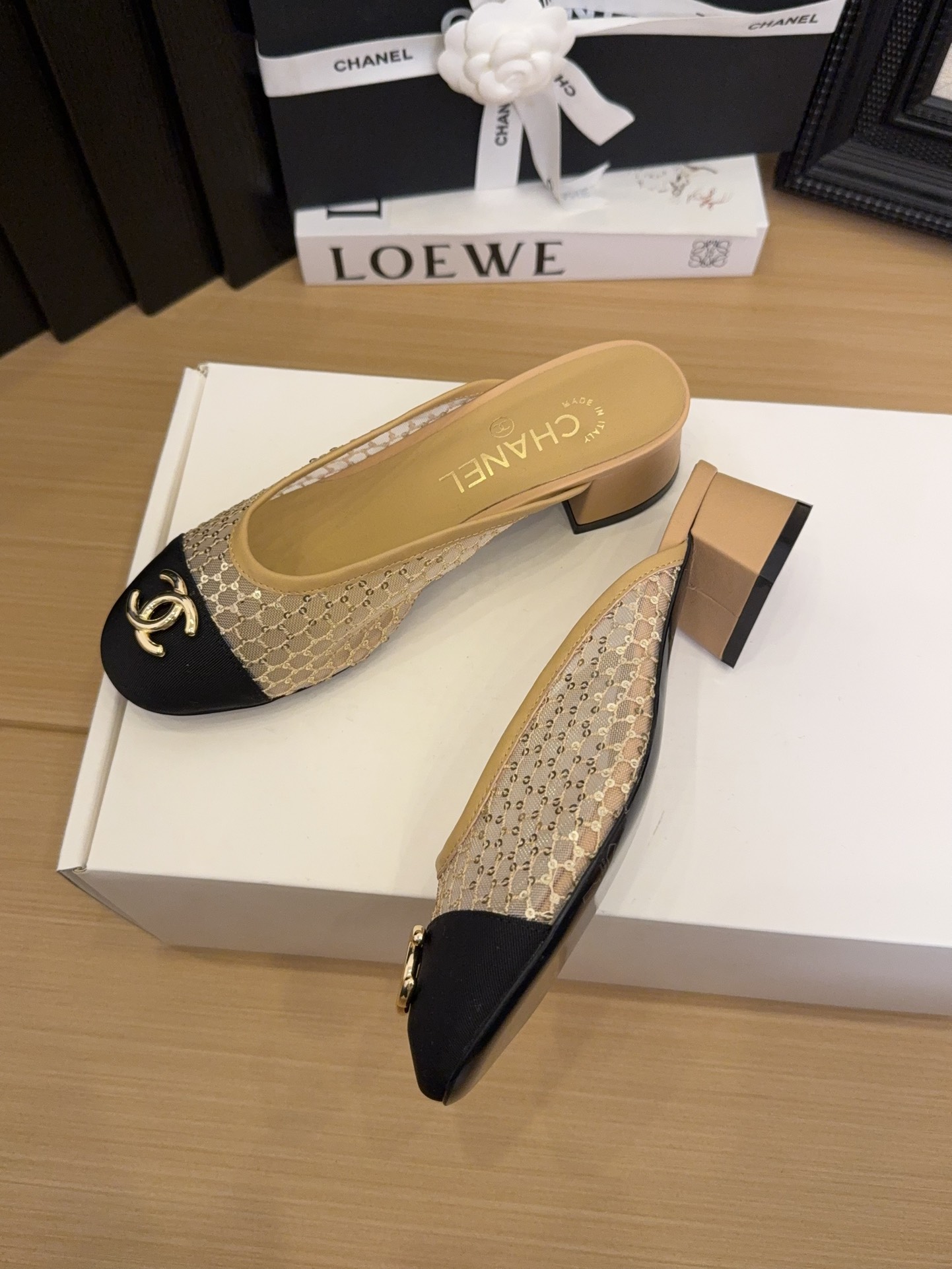 Elegant Mules - Beige Mules with Black Cap-toe and Block Heel 2 i1744510010 4914 1