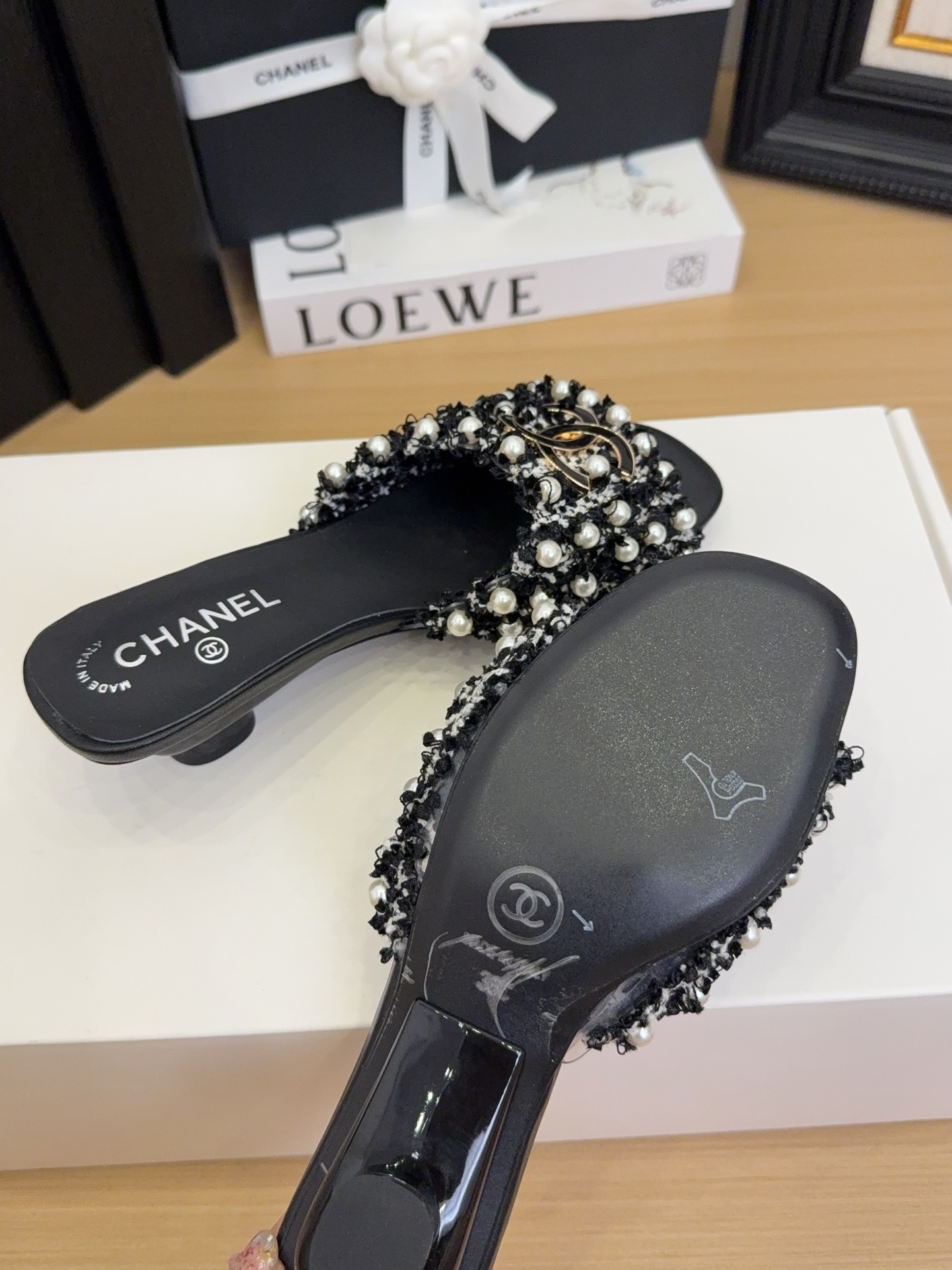 Elegant Chanel Women's Tweed & Pearl Embellished Heeled Sandals 10 i1744709406 1657 6