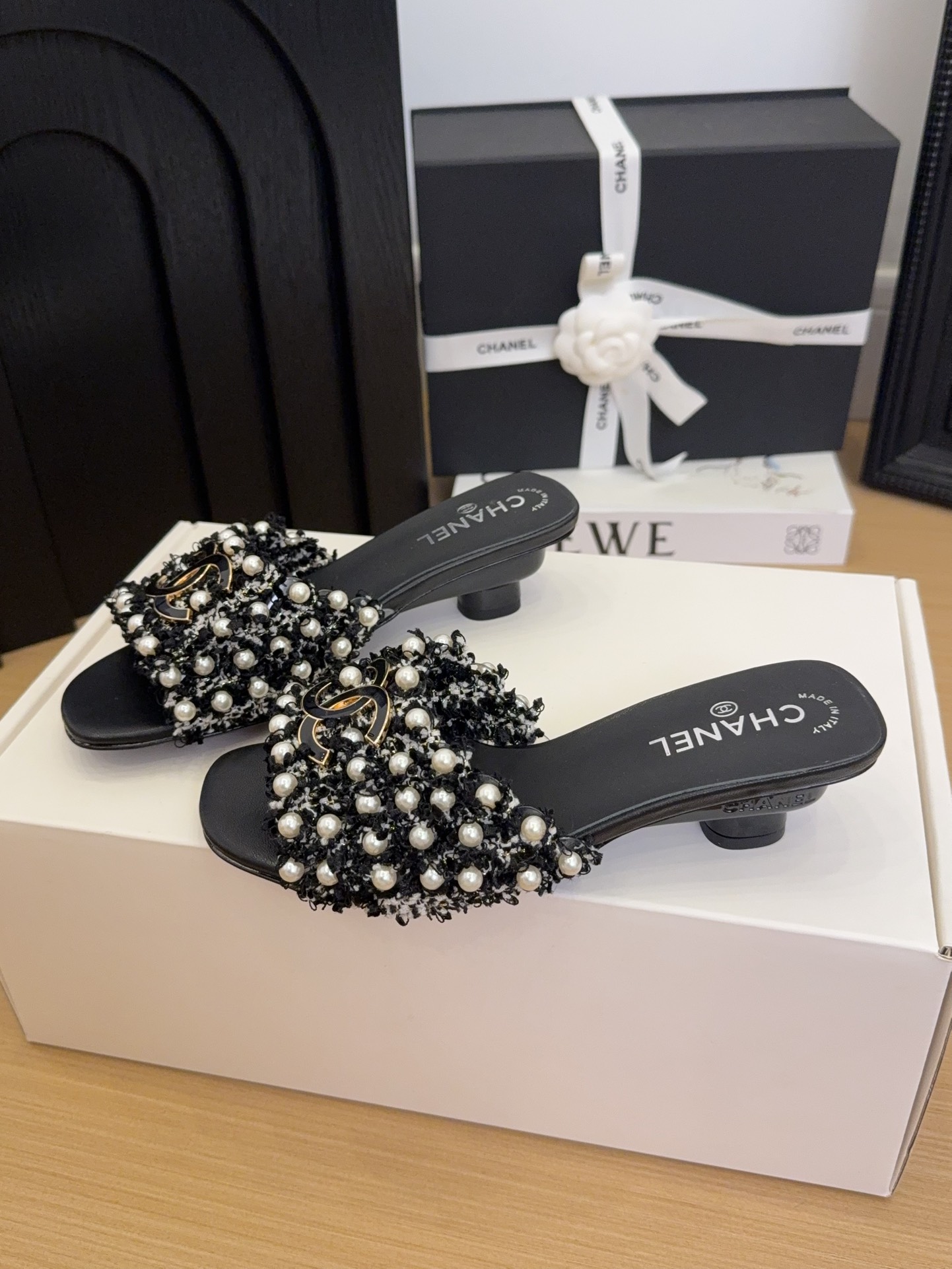 Elegant Chanel Women's Tweed & Pearl Embellished Heeled Sandals 8 i1744709406 2352 8