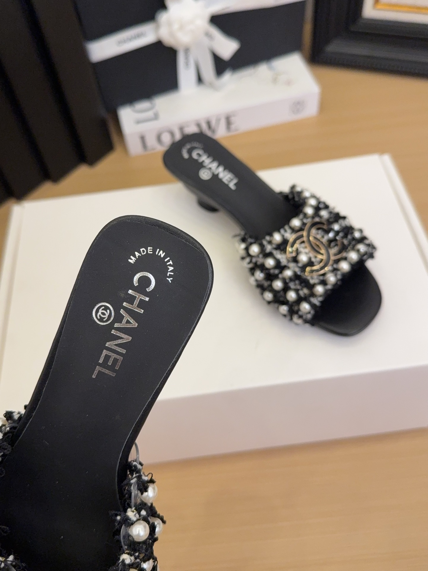 Elegant Chanel Women's Tweed & Pearl Embellished Heeled Sandals 5 i1744709406 2570 3