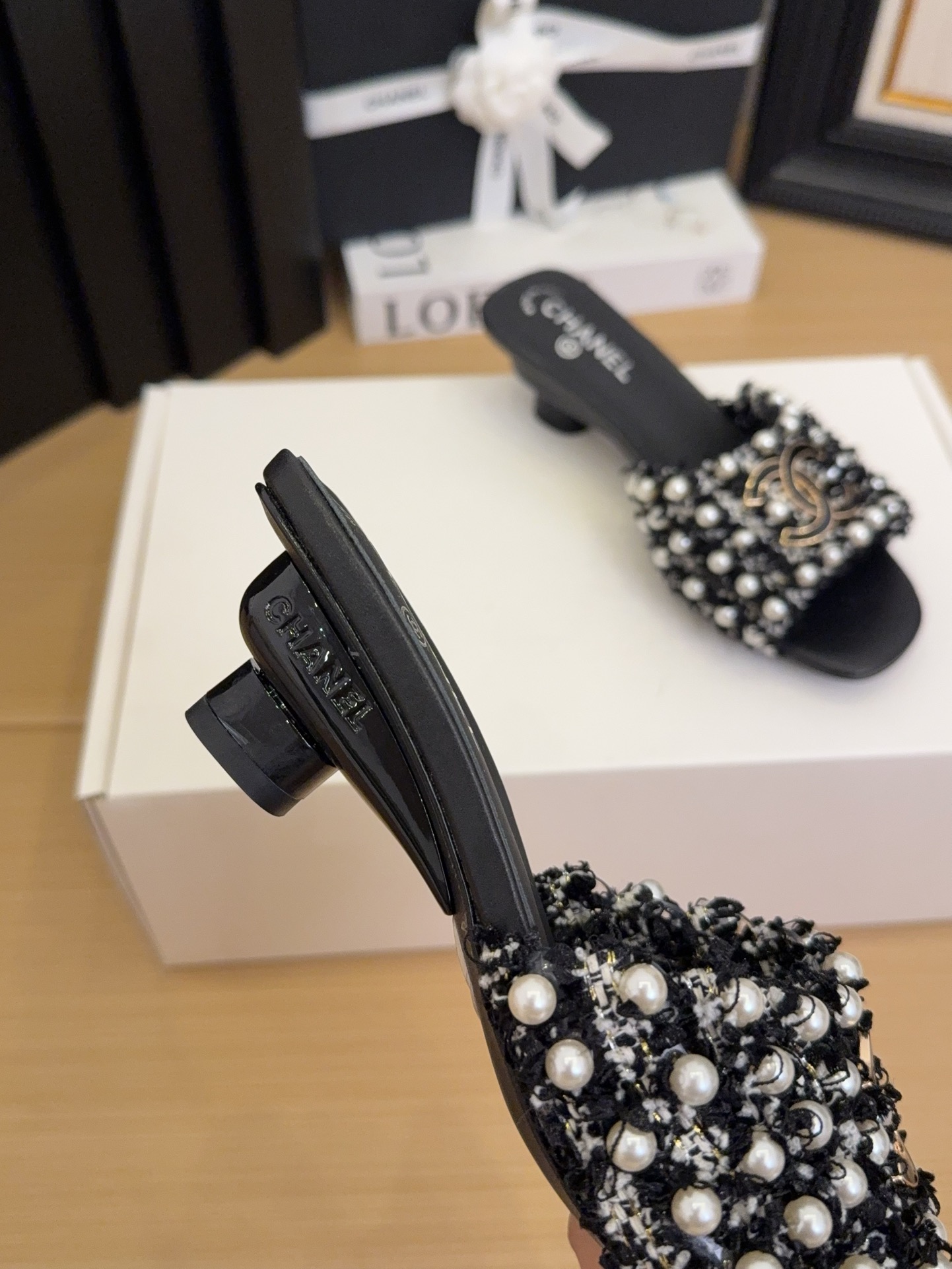 Elegant Chanel Women's Tweed & Pearl Embellished Heeled Sandals 6 i1744709406 2899 0