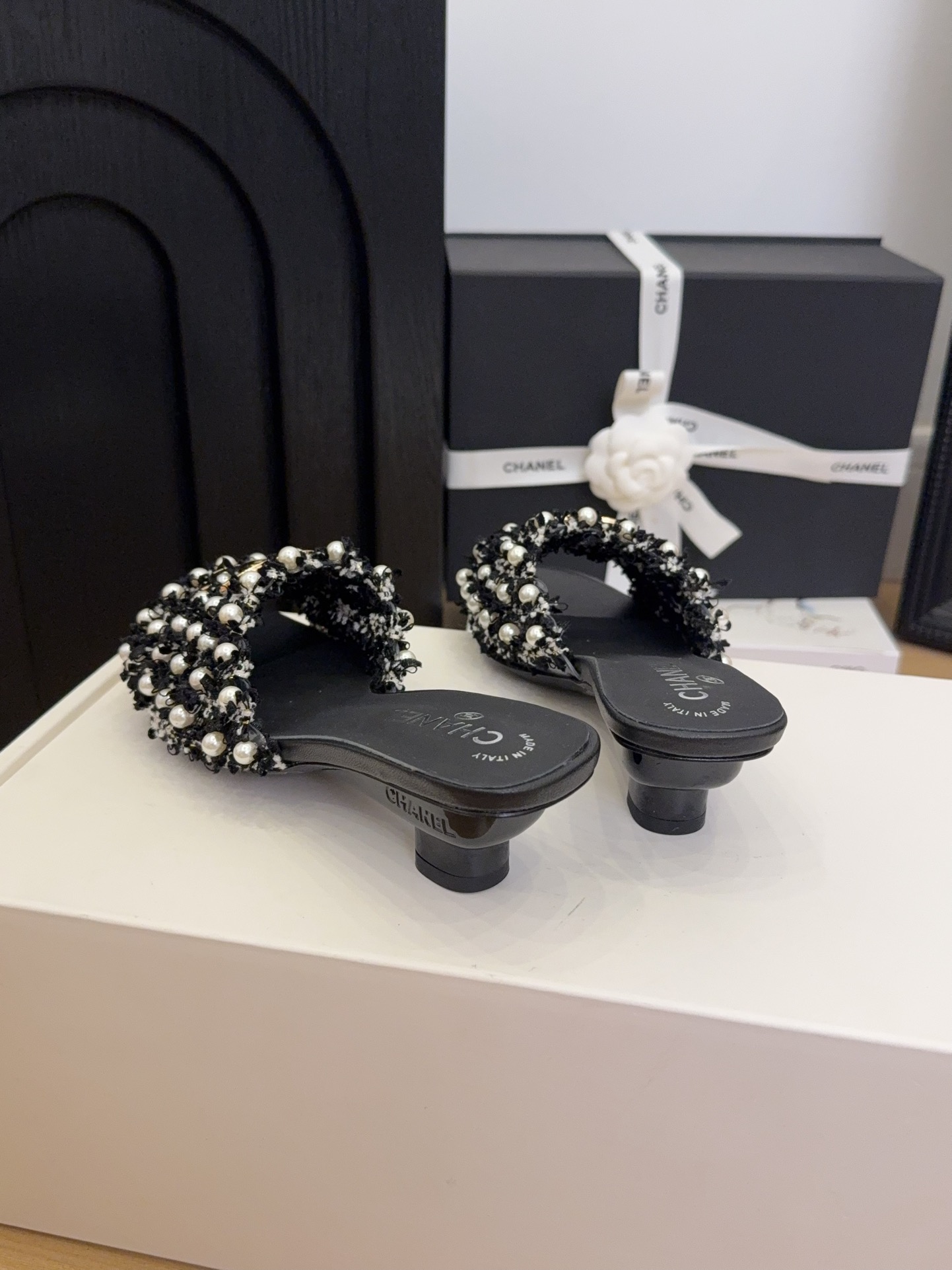 Elegant Chanel Women's Tweed & Pearl Embellished Heeled Sandals 9 i1744709406 7998 7