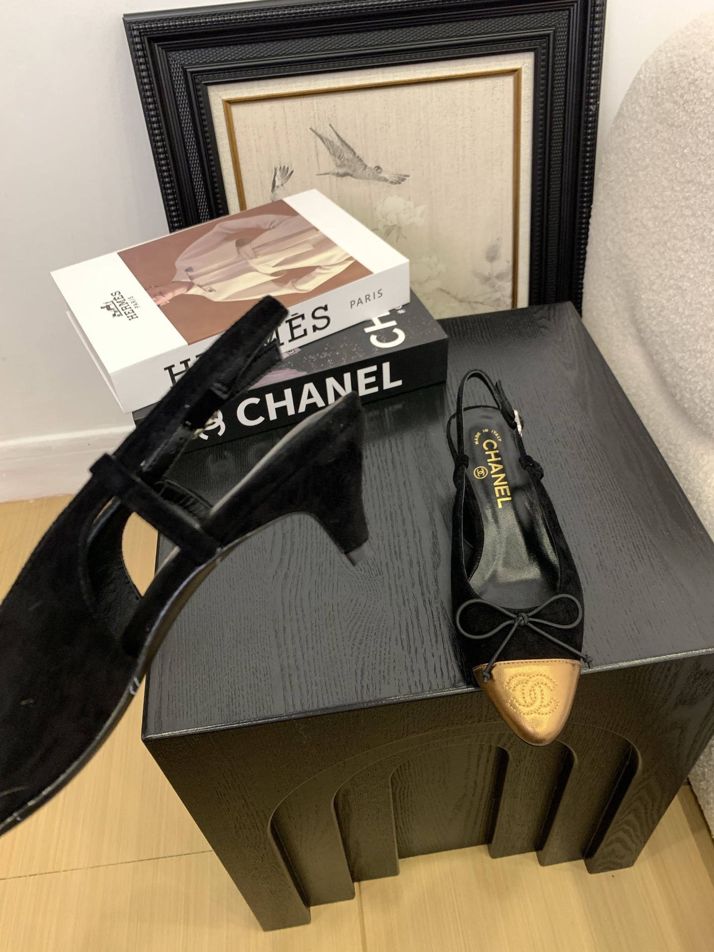Elegant Slingback Heels - Black Suede & Golden Cap-Toe, Inspired by Chanel 4 i1745231070782 7902 0 1