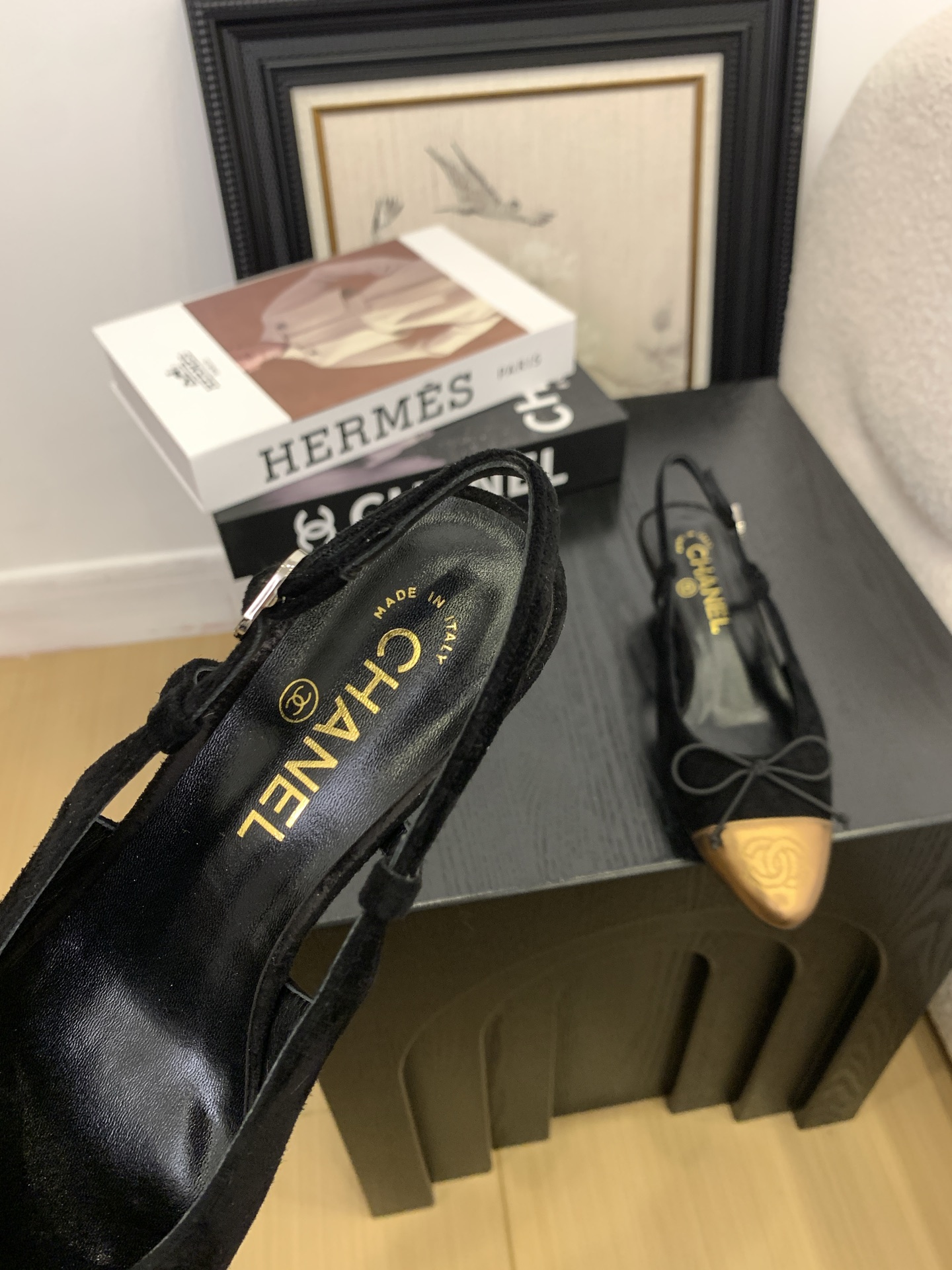 Elegant Slingback Heels - Black Suede & Golden Cap-Toe, Inspired by Chanel 5 i1745231070898 8506 0 2