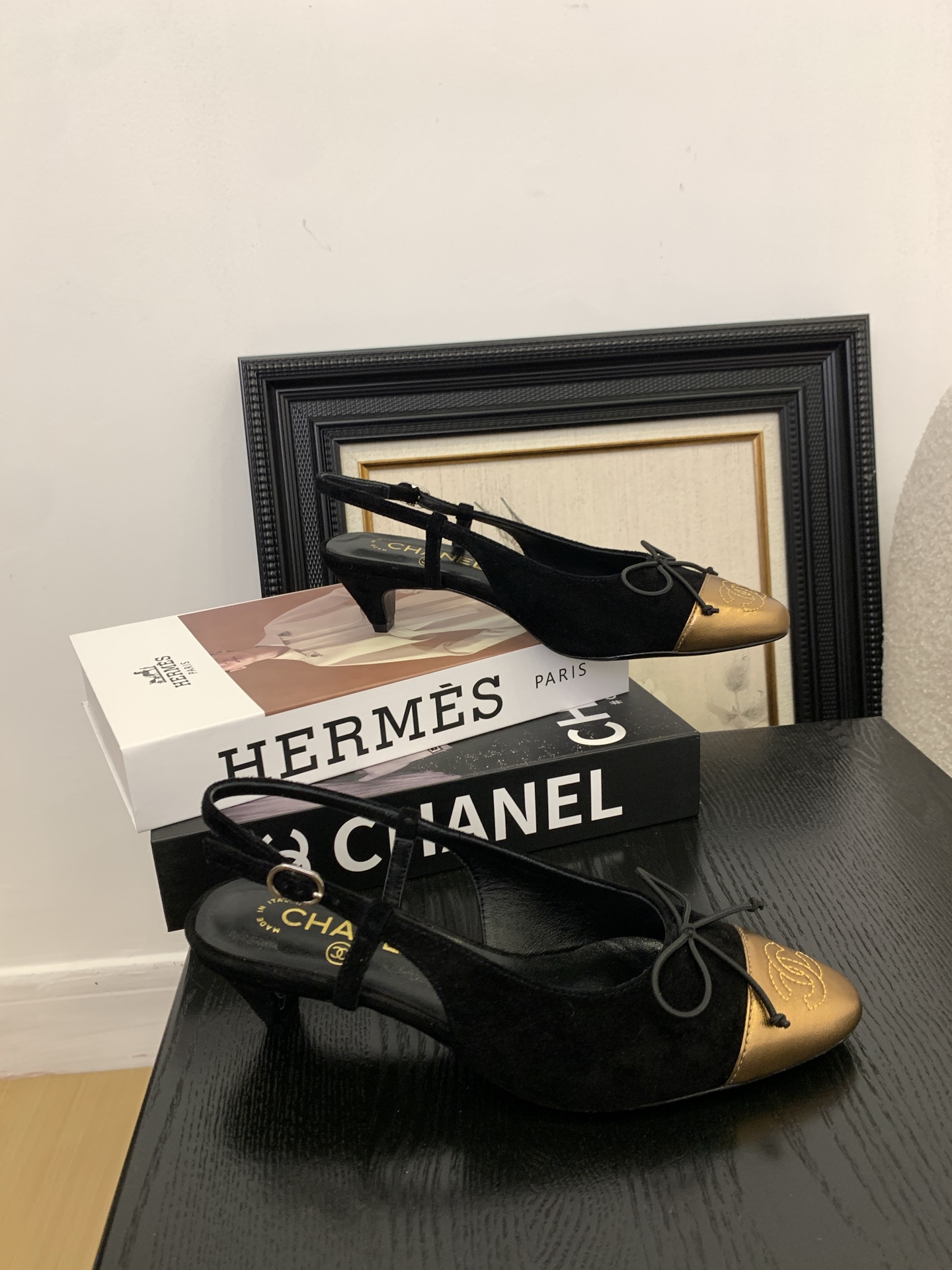 Elegant Slingback Heels - Black Suede & Golden Cap-Toe, Inspired by Chanel 9 i1745231070960 5367 0 6