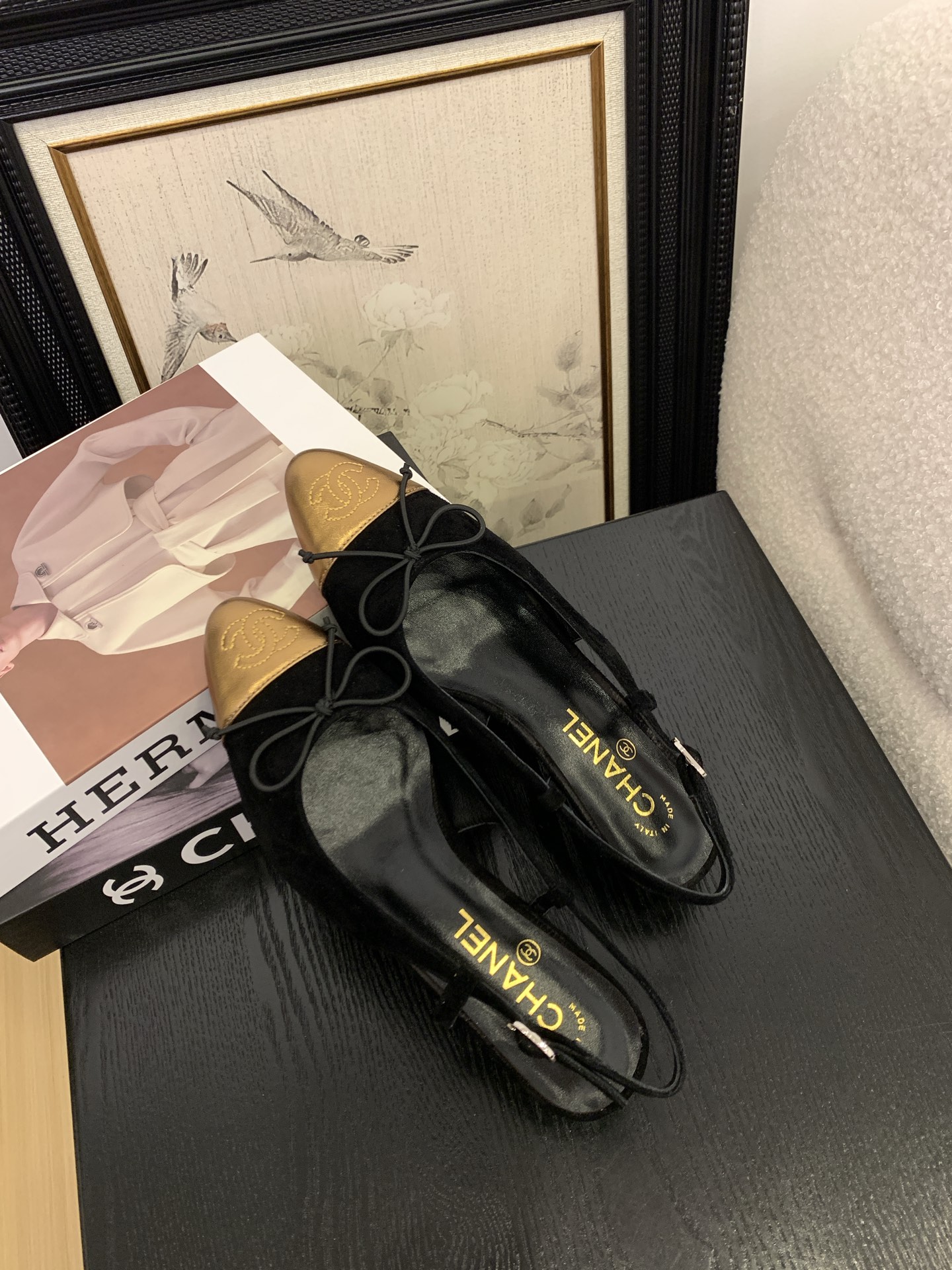 Elegant Slingback Heels - Black Suede & Golden Cap-Toe, Inspired by Chanel 10 i1745231071010 2108 0 7