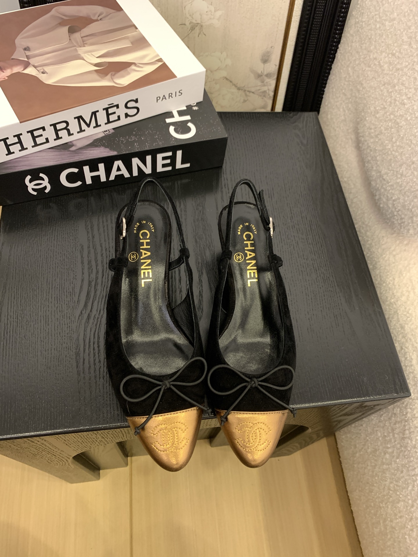Elegant Slingback Heels - Black Suede & Golden Cap-Toe, Inspired by Chanel 3 i1745231074218 223 0 0