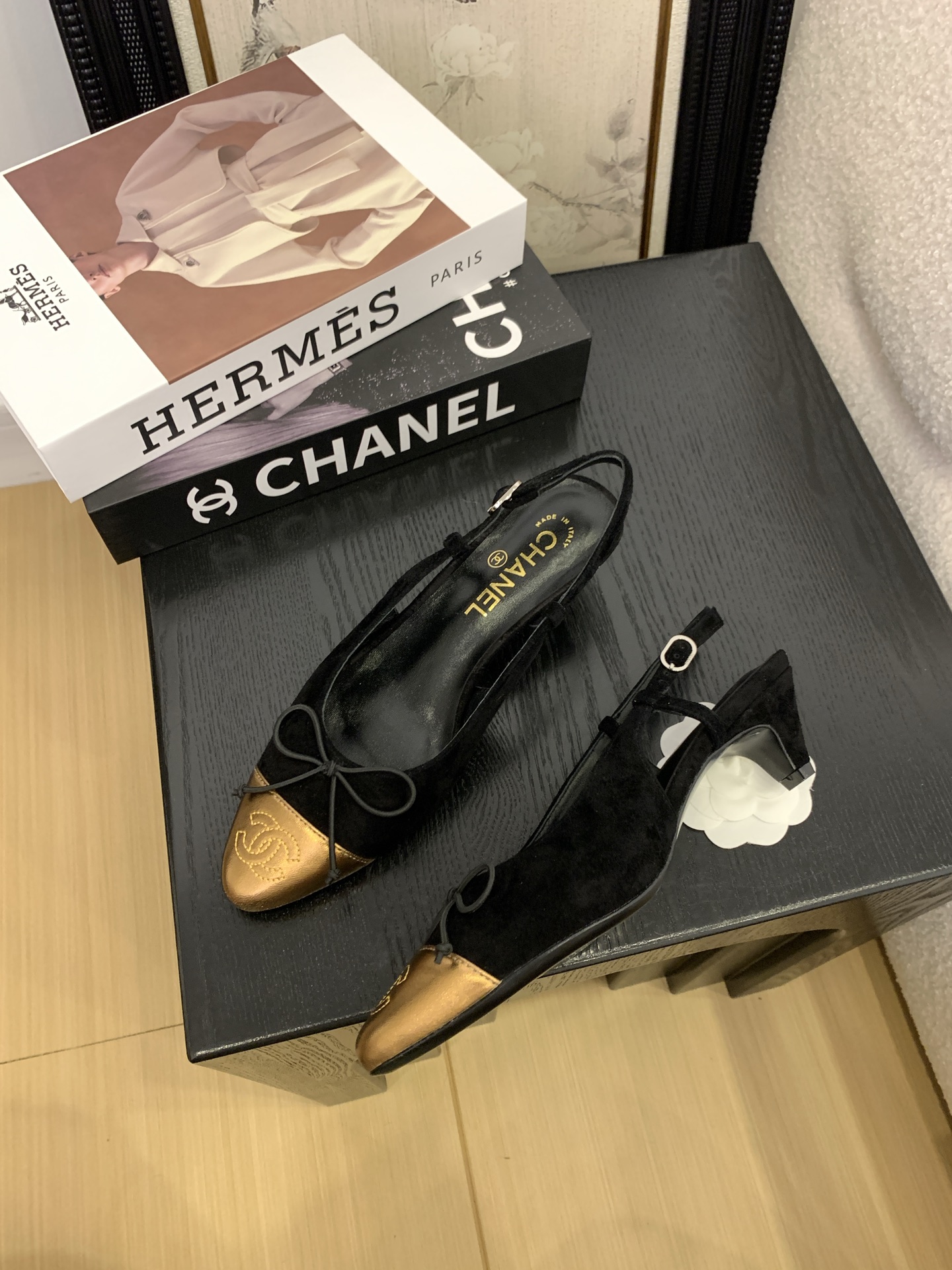 Elegant Slingback Heels - Black Suede & Golden Cap-Toe, Inspired by Chanel 2 i1745231074329 2550 0 8