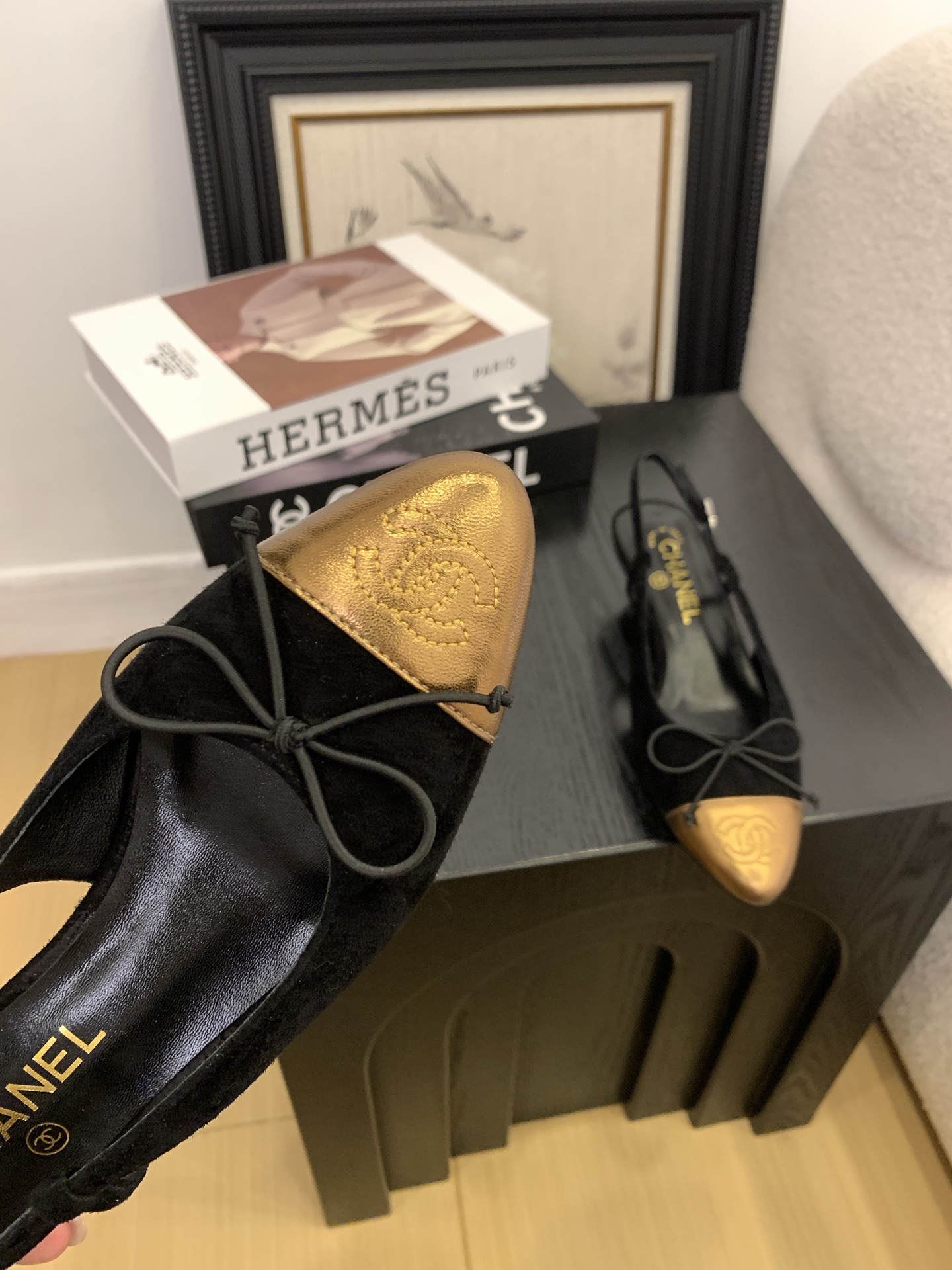 Elegant Slingback Heels - Black Suede & Golden Cap-Toe, Inspired by Chanel 7 i1745231076738 5947 0 4