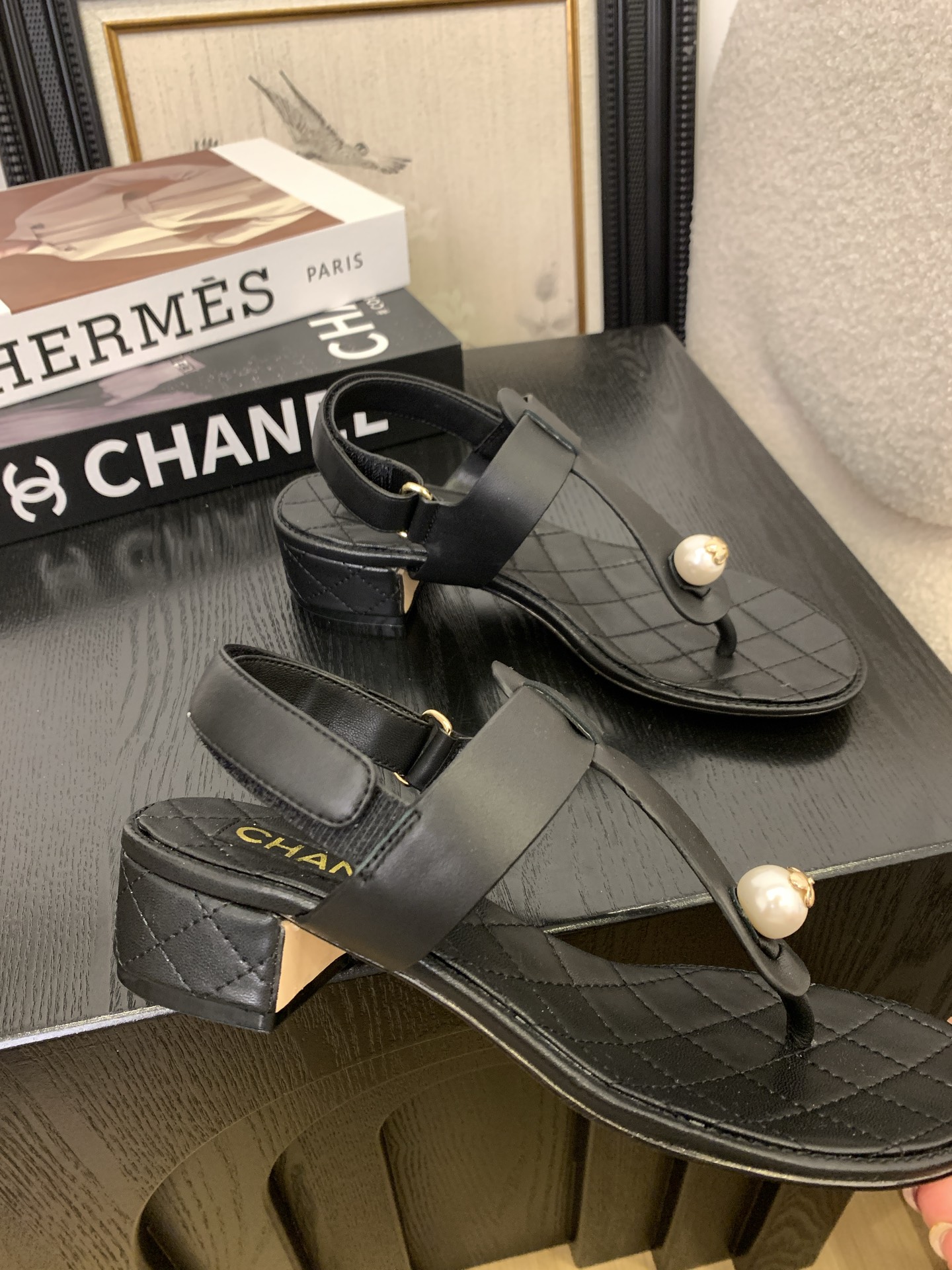 Chanel Women's Black Leather Pearl Thong Sandals Classic Summer Style 4 i1745397250606 5981 0 2