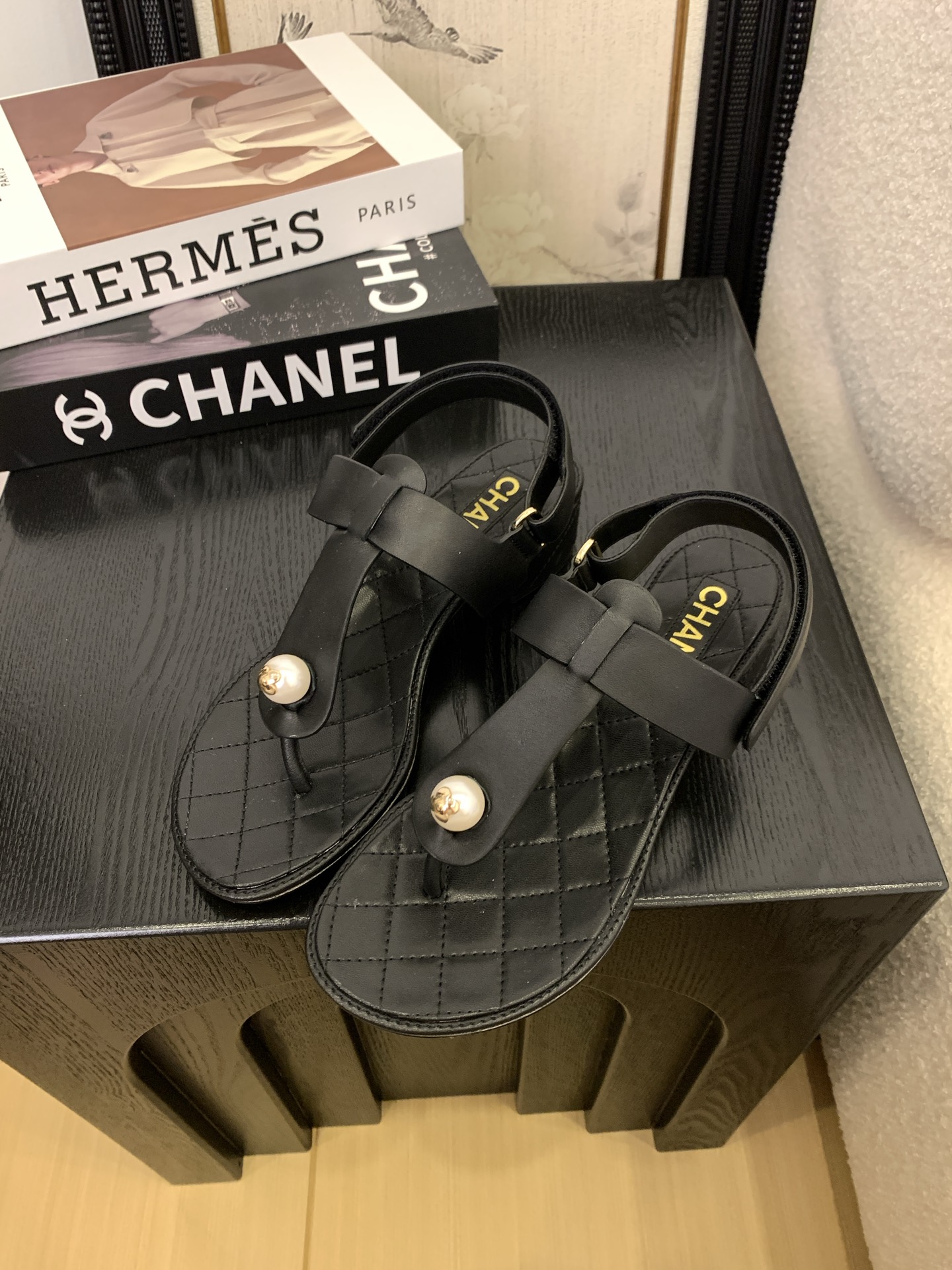 Chanel Women's Black Leather Pearl Thong Sandals Classic Summer Style 3 i1745397254056 4264 0 1