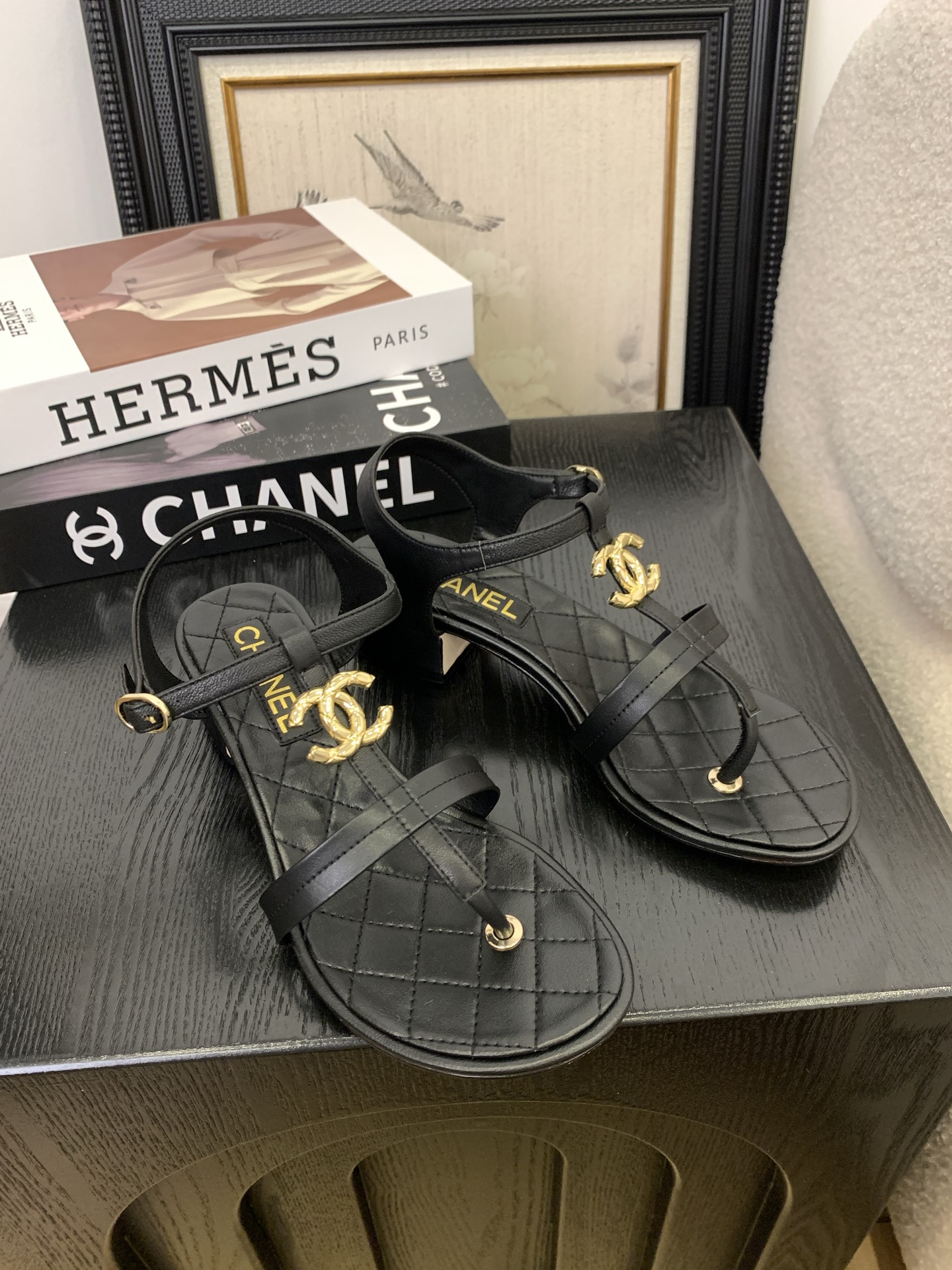 Chanel Women's Black Leather Pearl Thong Sandals With CC Logo, Size 35-39 5 i1745398215424 5901 0 3