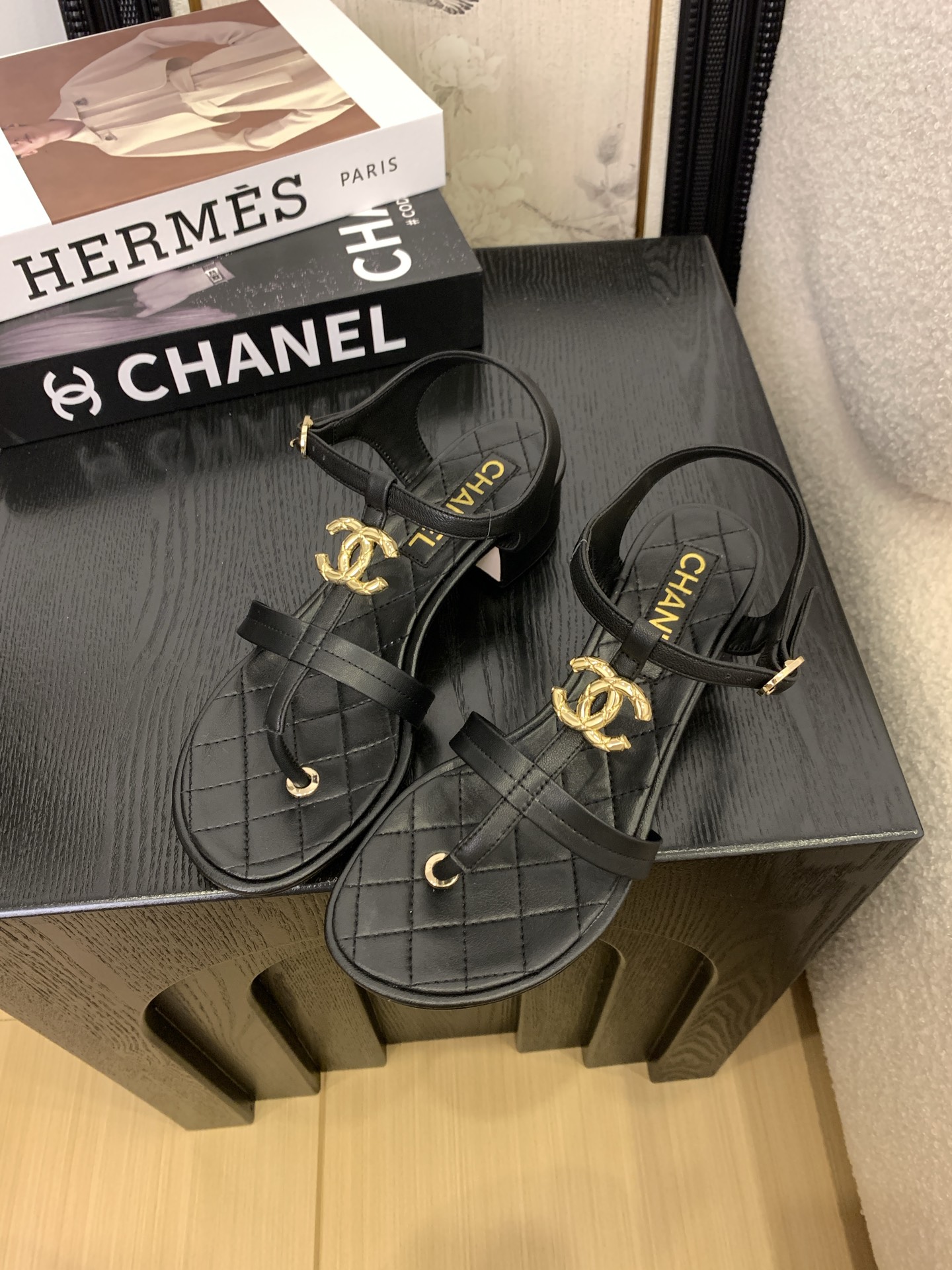Chanel Women's Black Leather Pearl Thong Sandals With CC Logo, Size 35-39 3 i1745398218879 888 0 1
