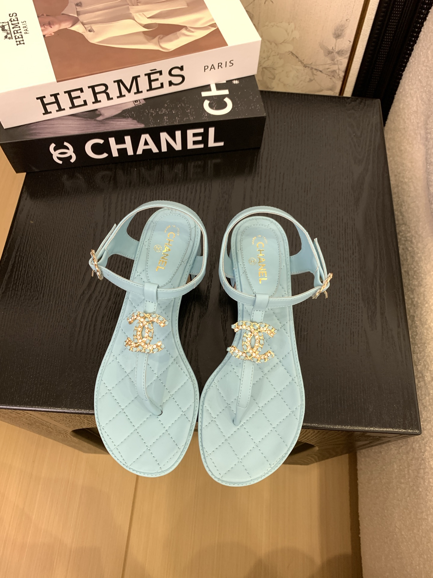 Chanel Women's Classic CC Pearl Embellished Thong Sandals - Light Blue 2 i1745400114142 6150 0 0